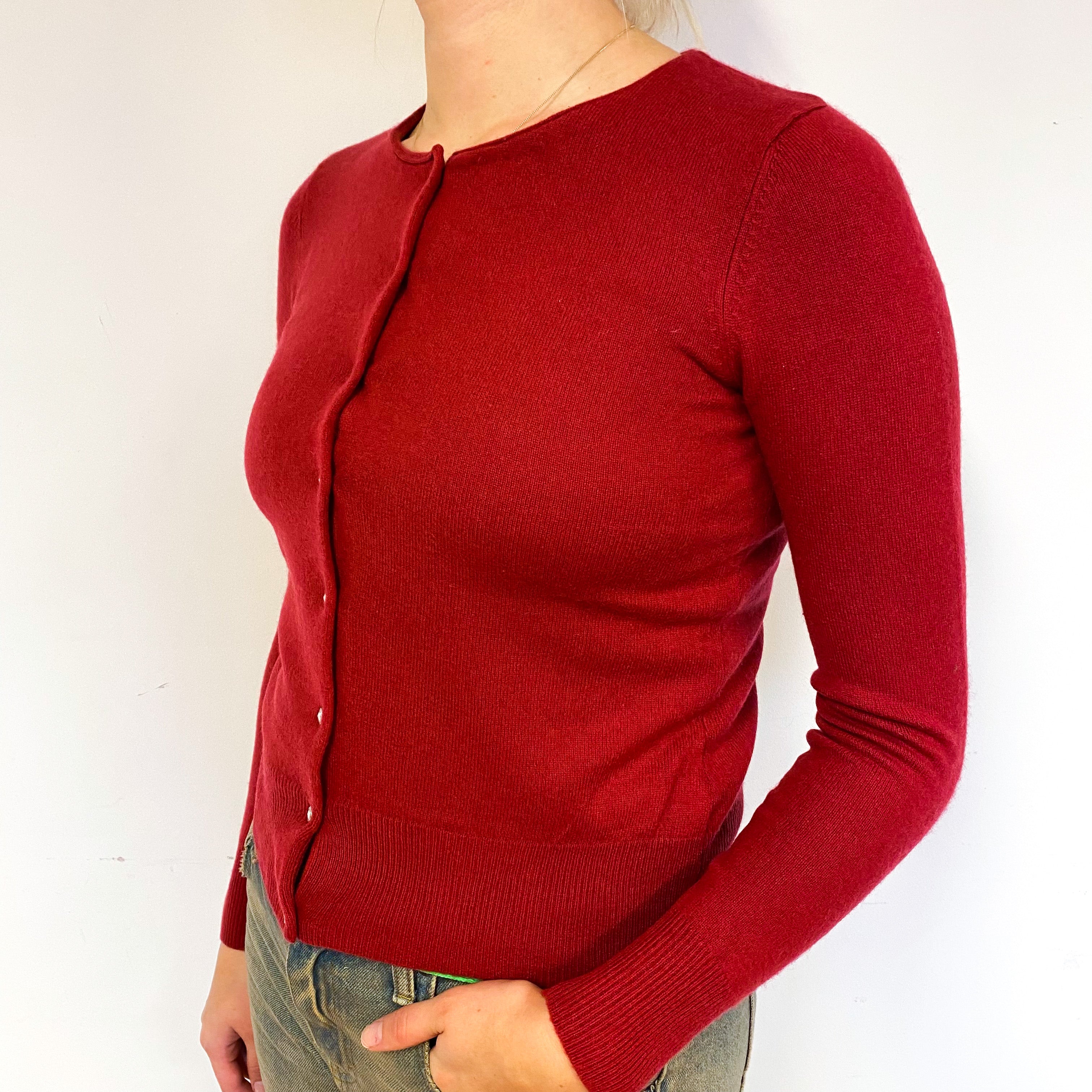 Crimson Red Cashmere Crew Neck Cardigan Small