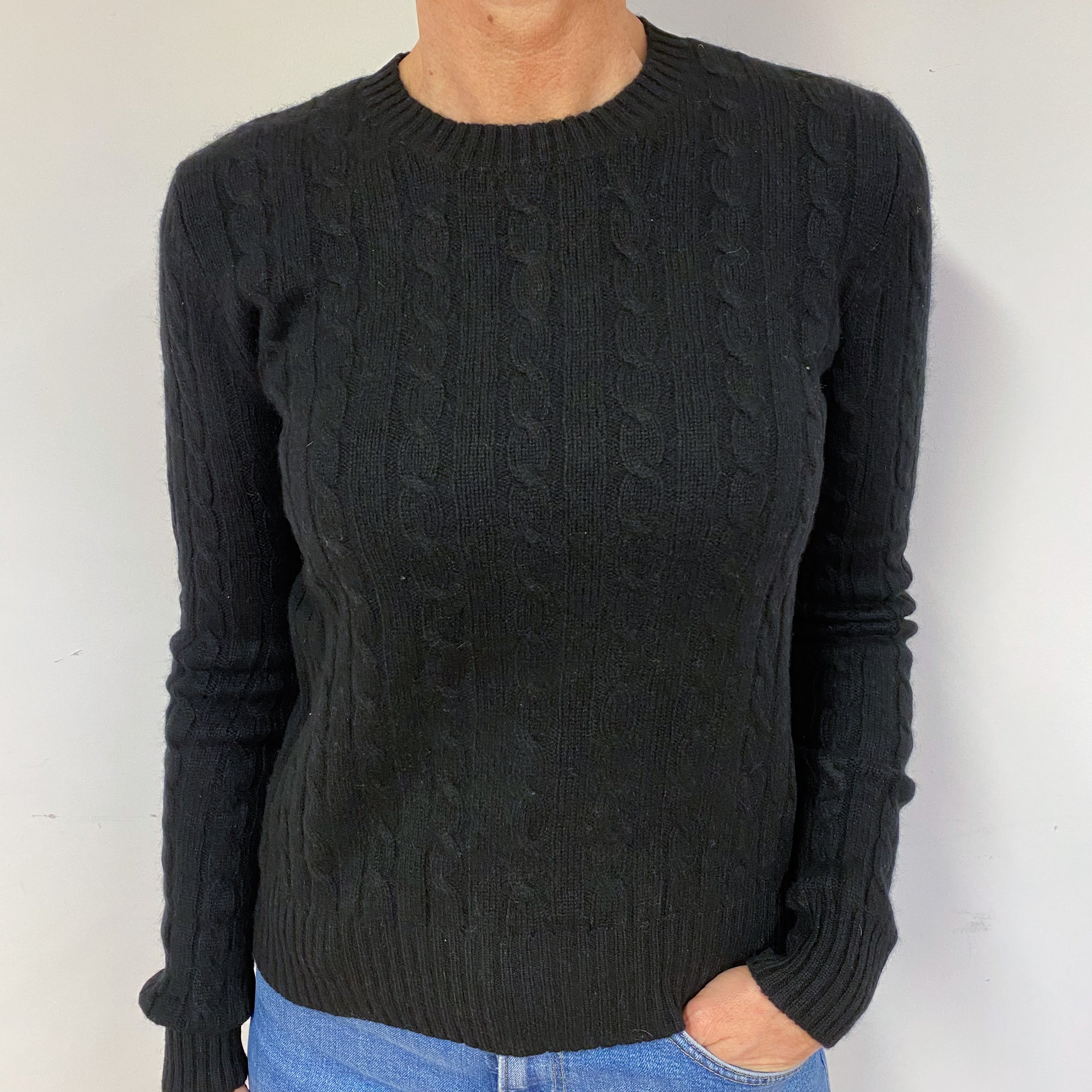 Black Cable Cashmere Crew Neck Jumper Medium.