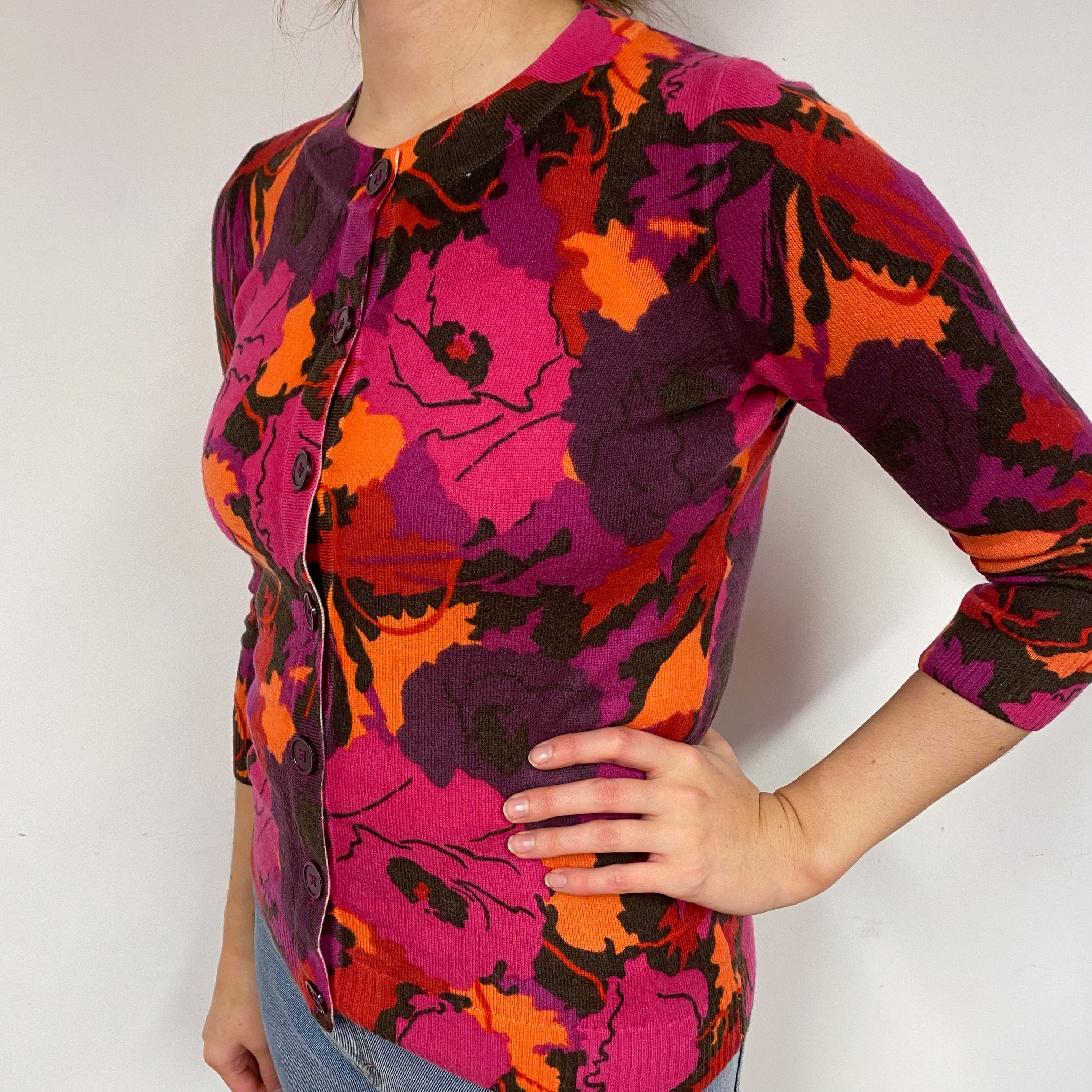 Pink Floral Cashmere Crew Neck Cardigan Small