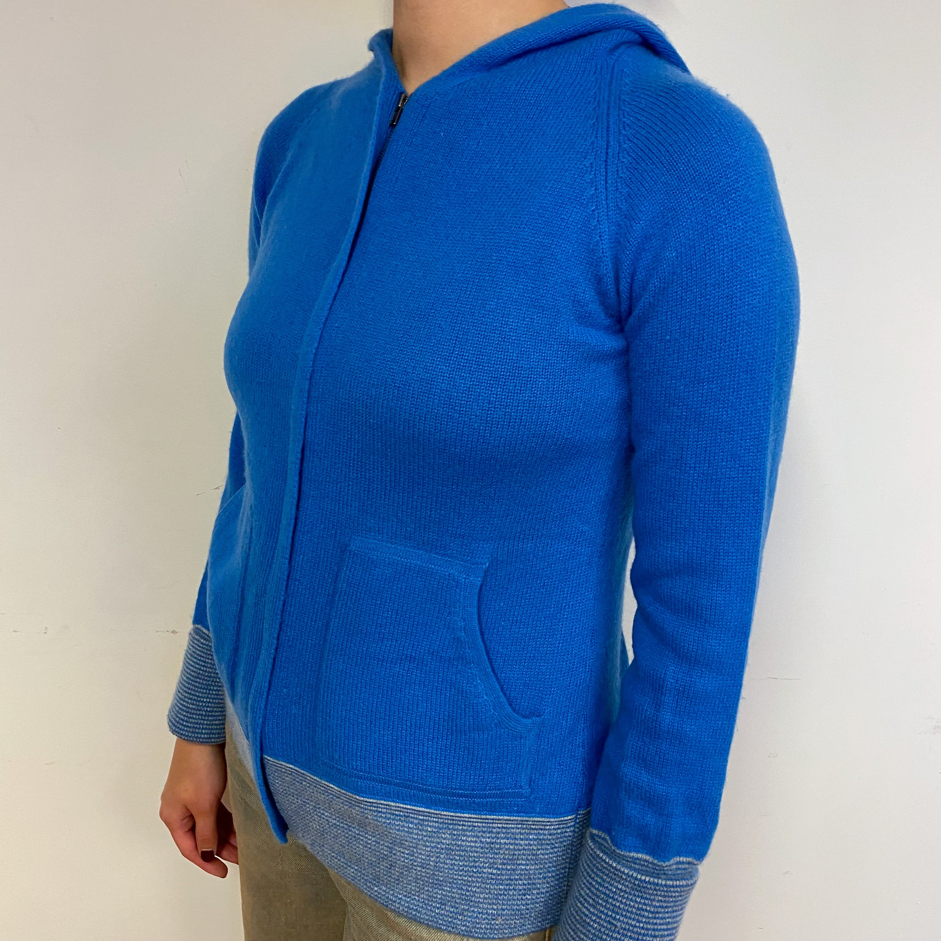 Tanzanite Blue Cashmere Zip Front Hoodie Jumper Small