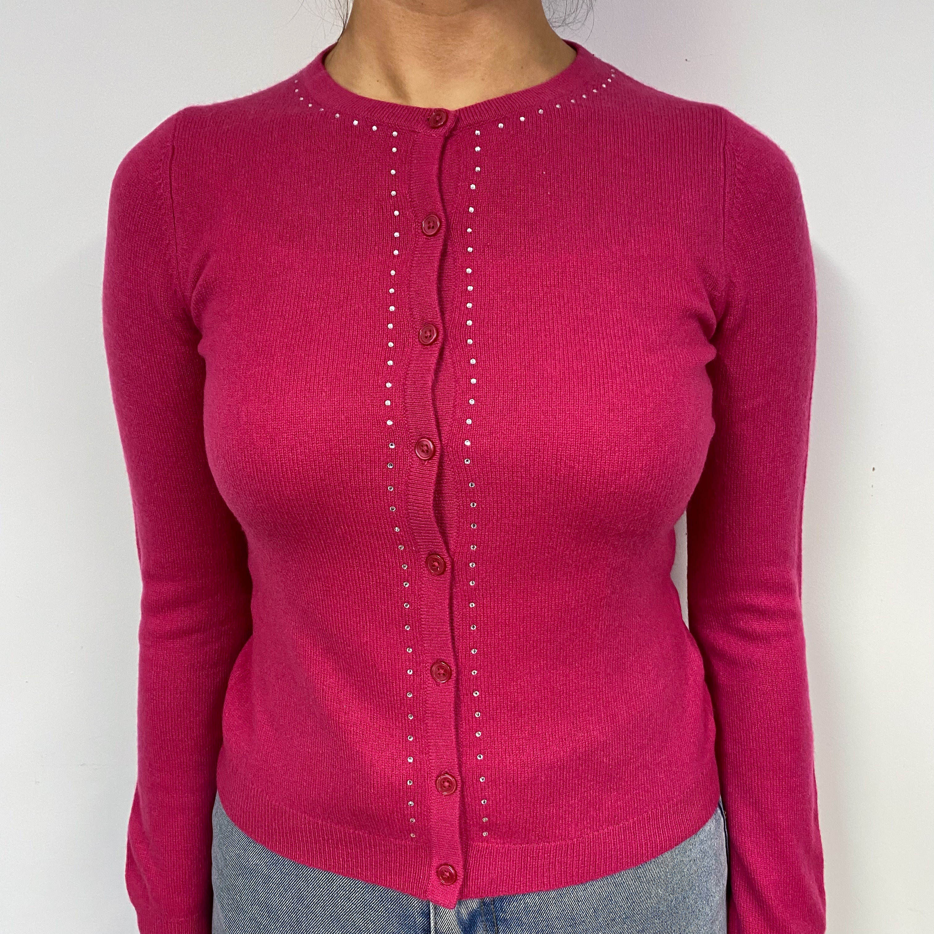 Raspberry Pink Diamanté Cashmere Cardigan Small