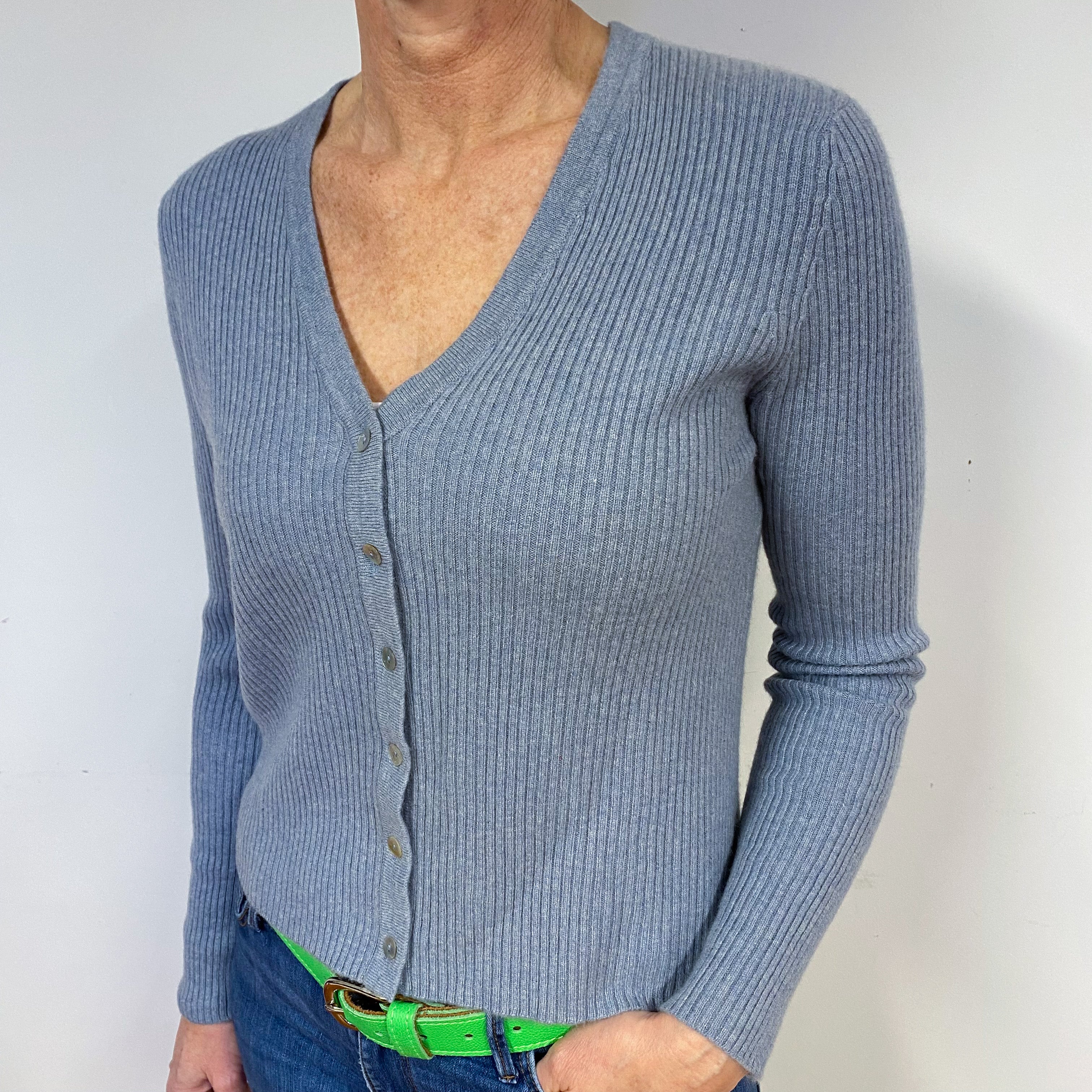 Steel Grey Ribbed Cashmere V-Neck Cardigan Medium