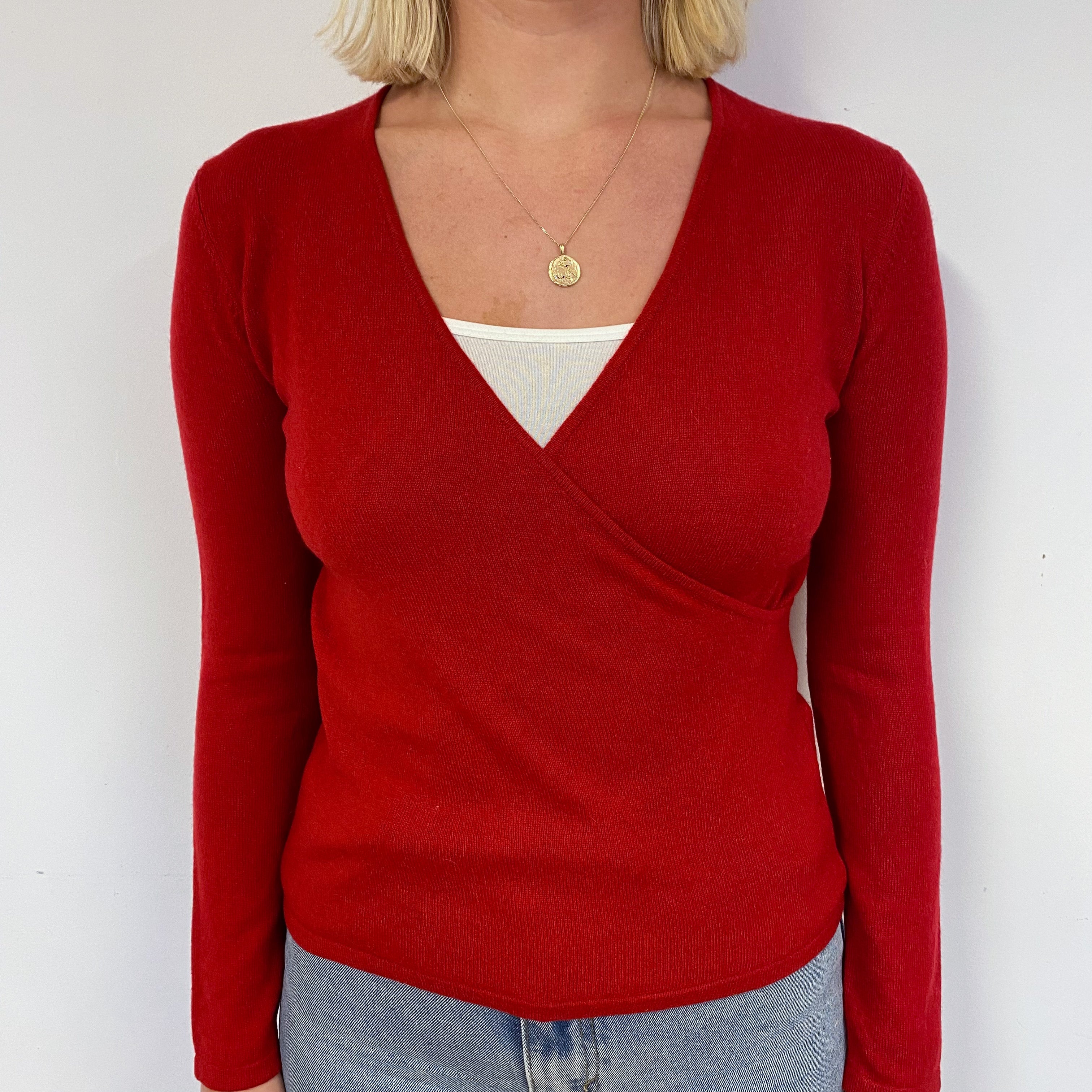 Red Cross-Over Cashmere V-Neck Jumper Small