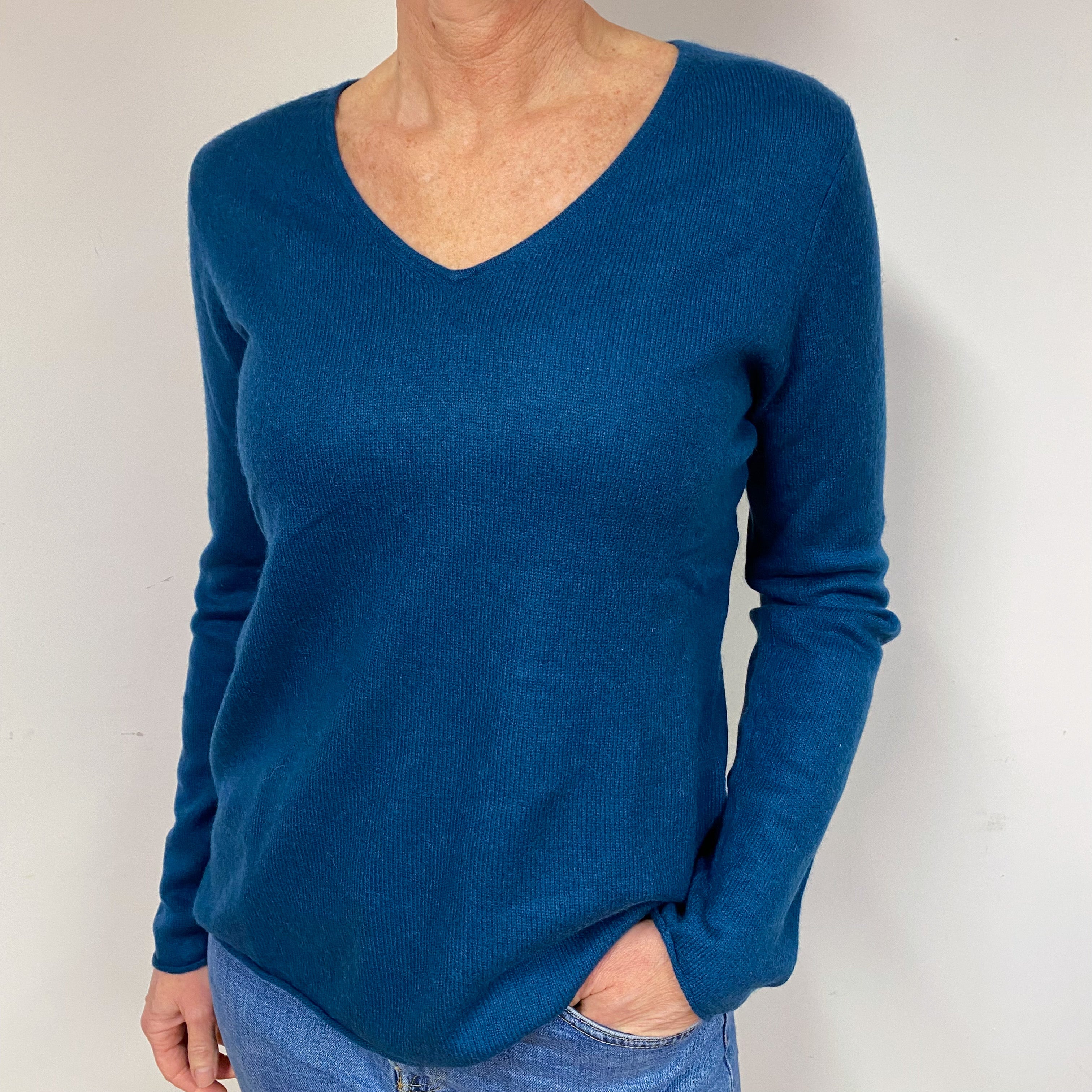 Petrol Blue Cashmere V-Neck Jumper Medium