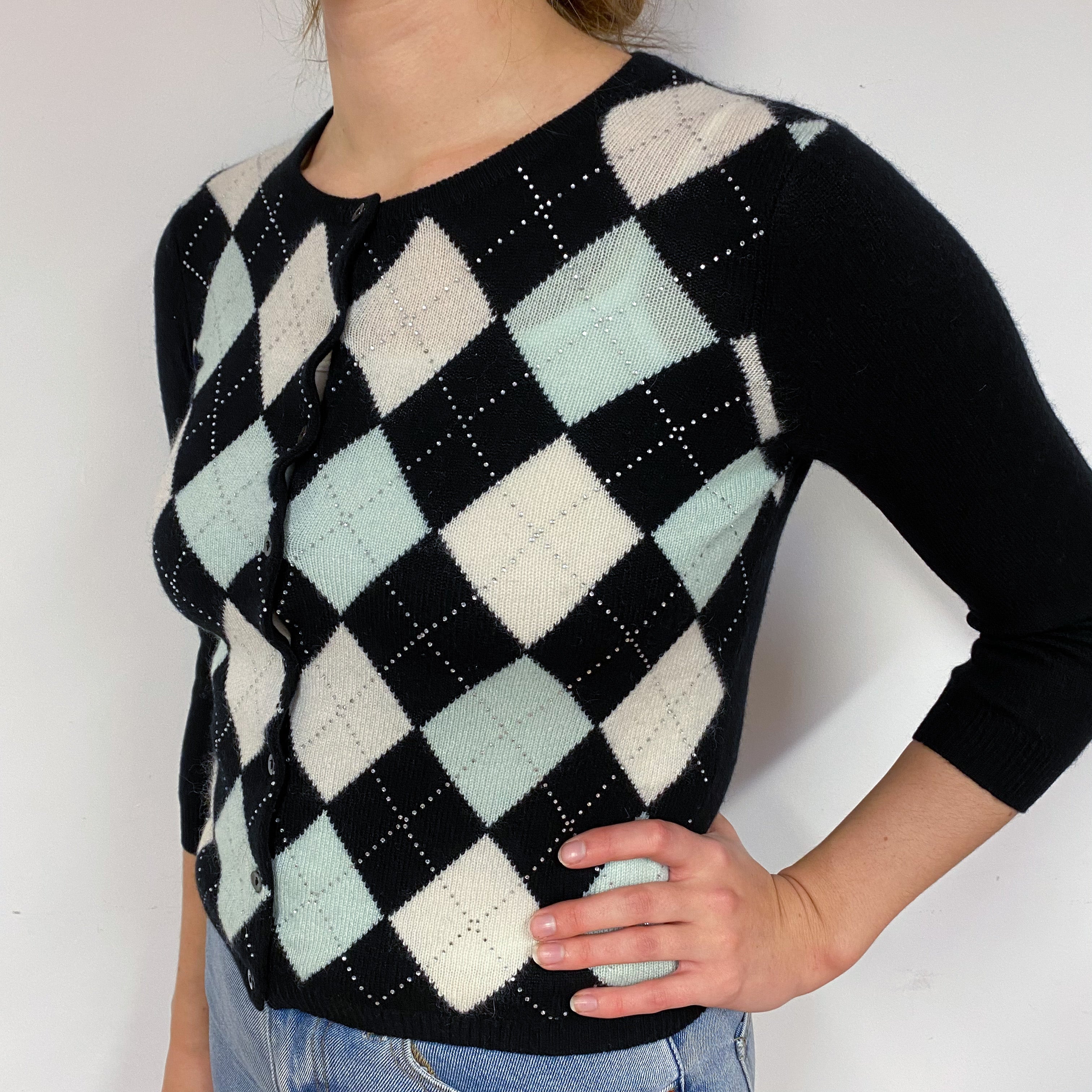 Black Diamond Embellished Cashmere Cropped Cardigan Small