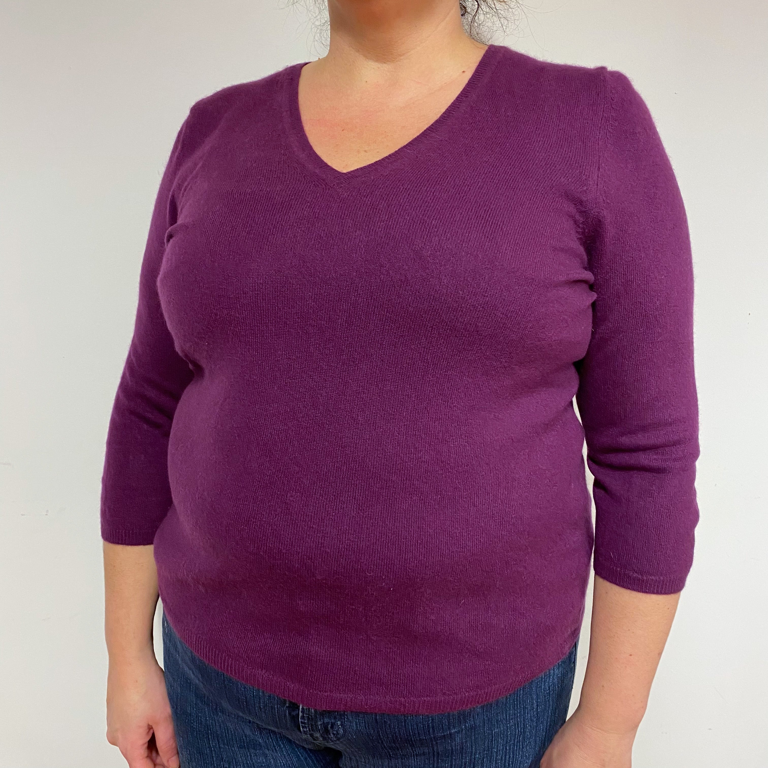 Purple 3/4 Sleeve Cashmere V-Neck Jumper Extra Large