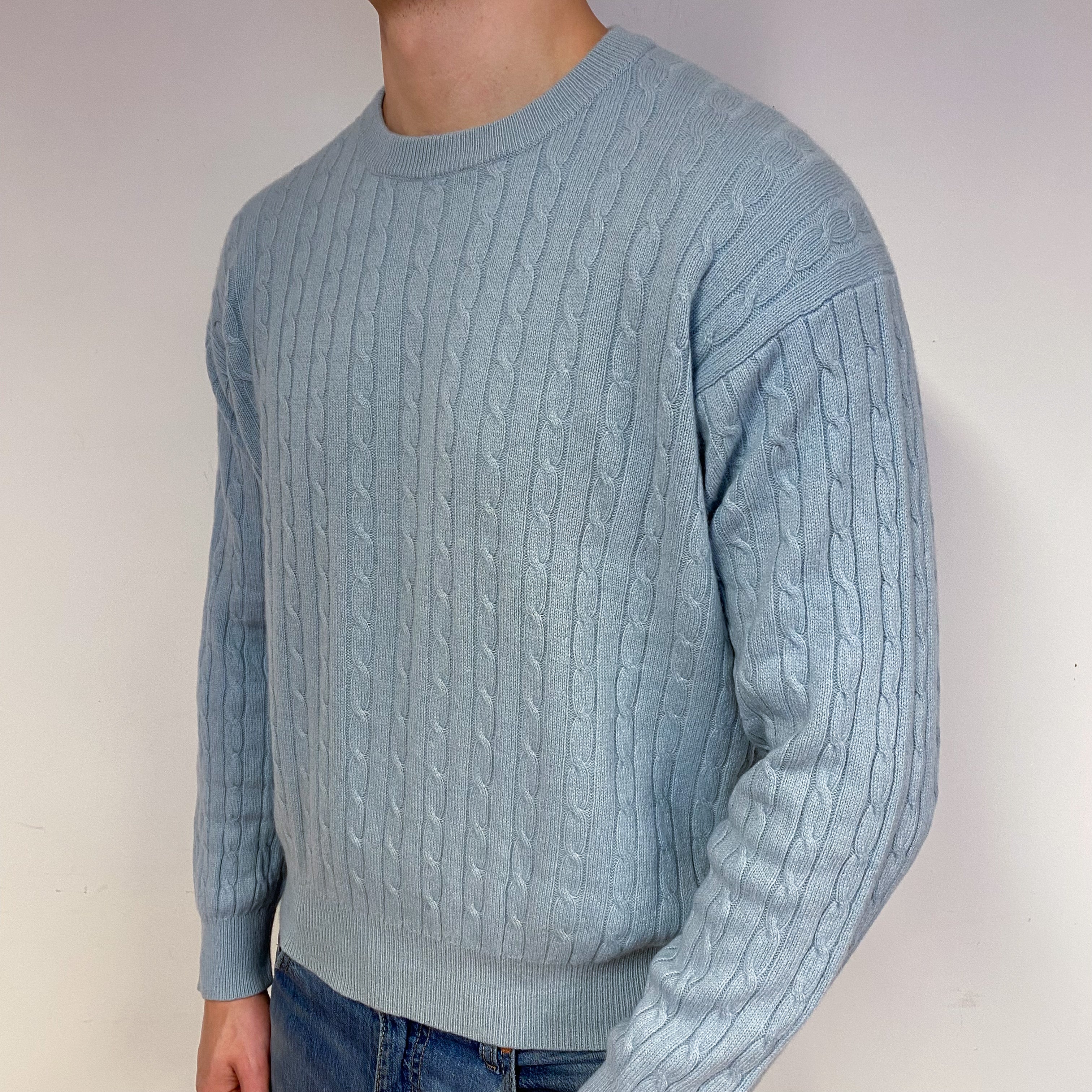 Men's Opal Blue Cable Cashmere Crew Neck Jumper Extra Large