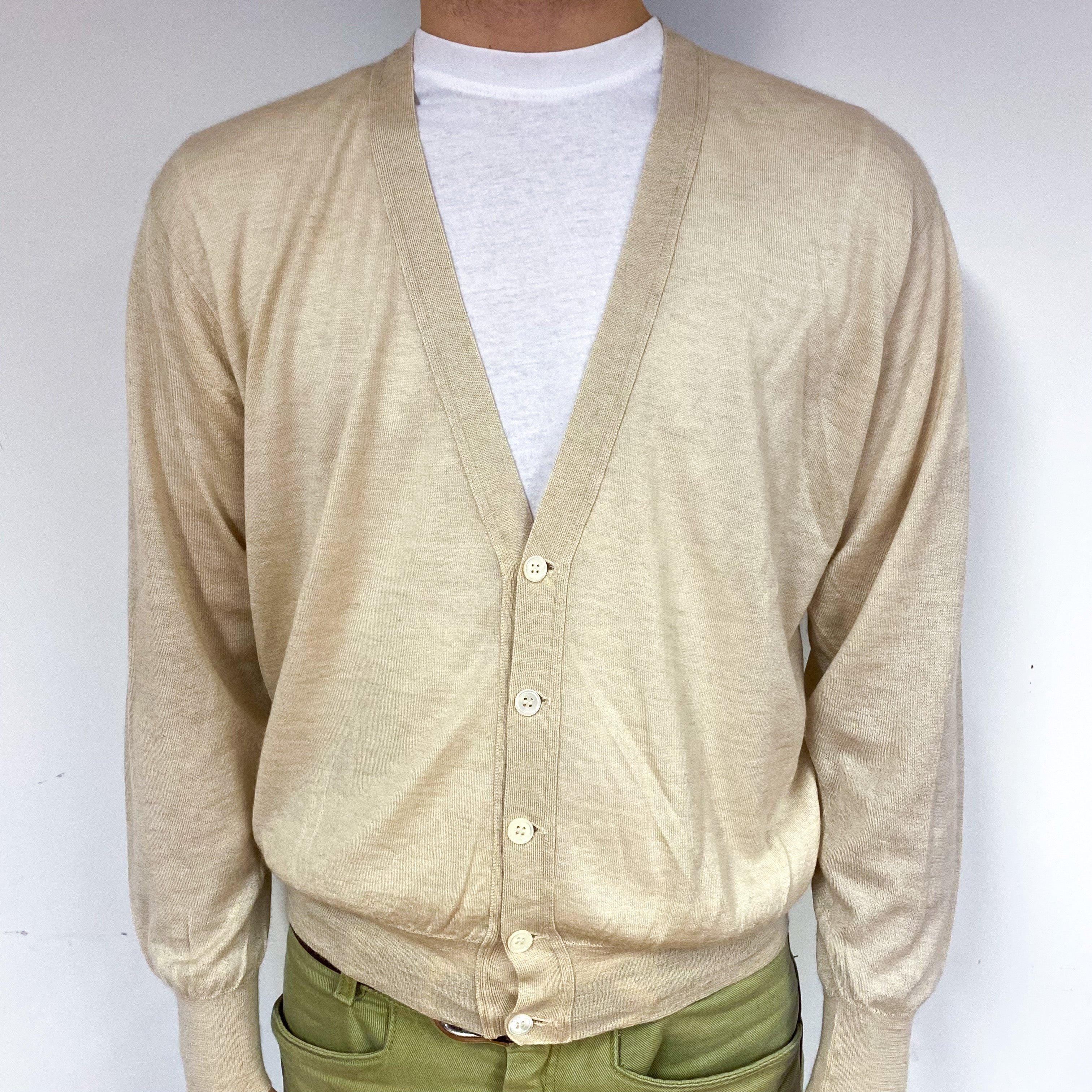 Men's Super Fine Knit Beige Cashmere Cardigan Large