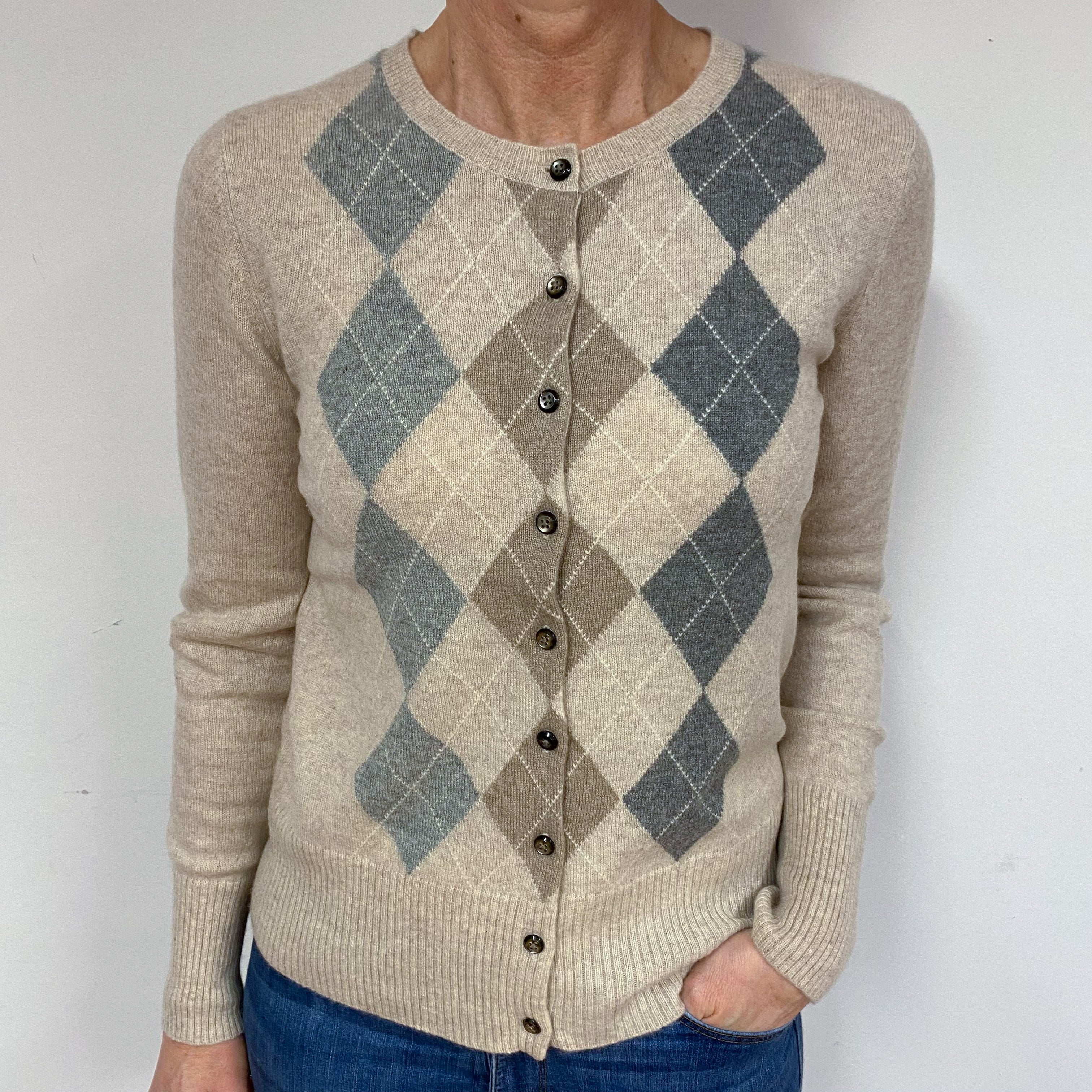 Oatmeal and Grey Argyle Cashmere Cardigan Medium