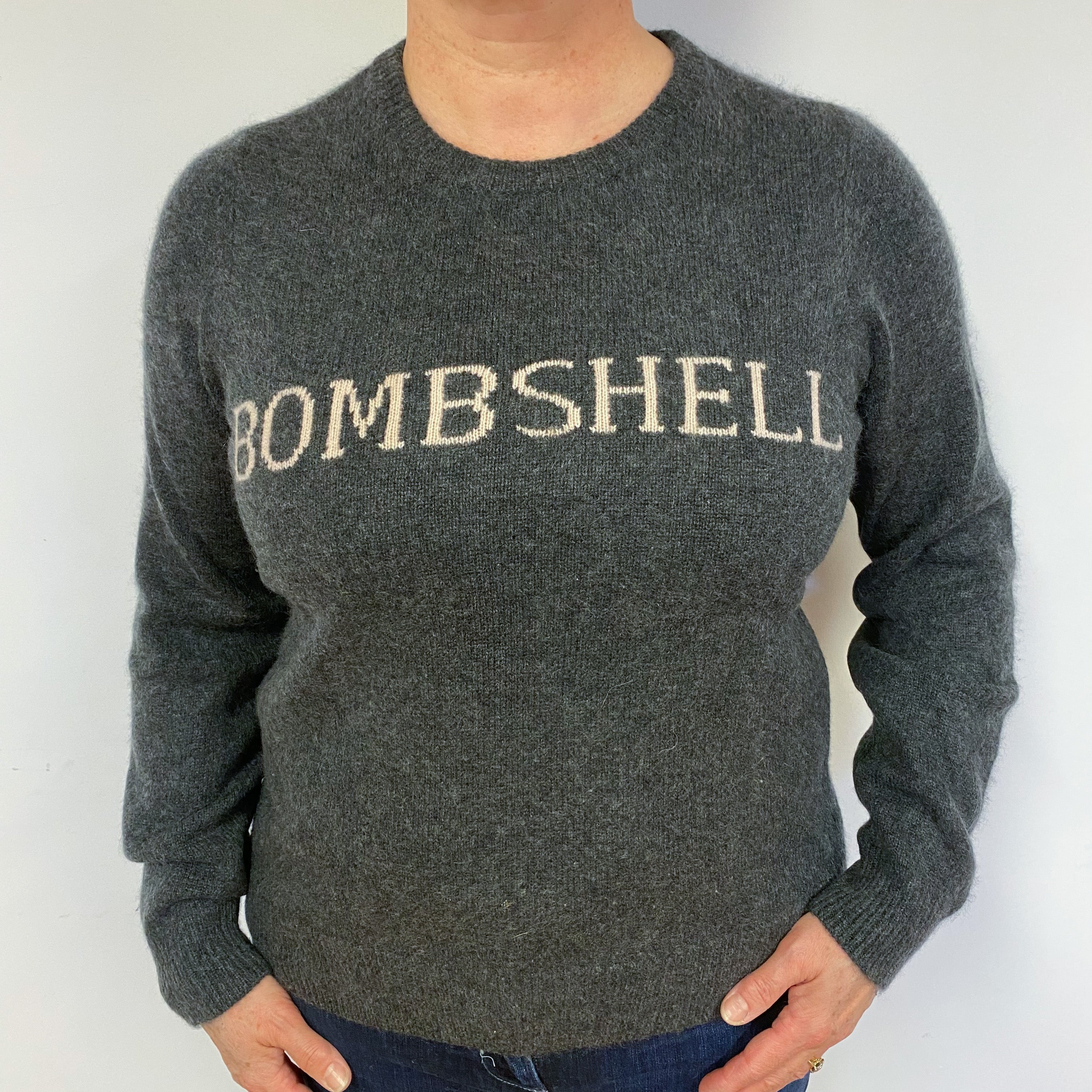 Dark Grey ‘ Bombshell’ Cashmere Crew Neck Jumper Large.