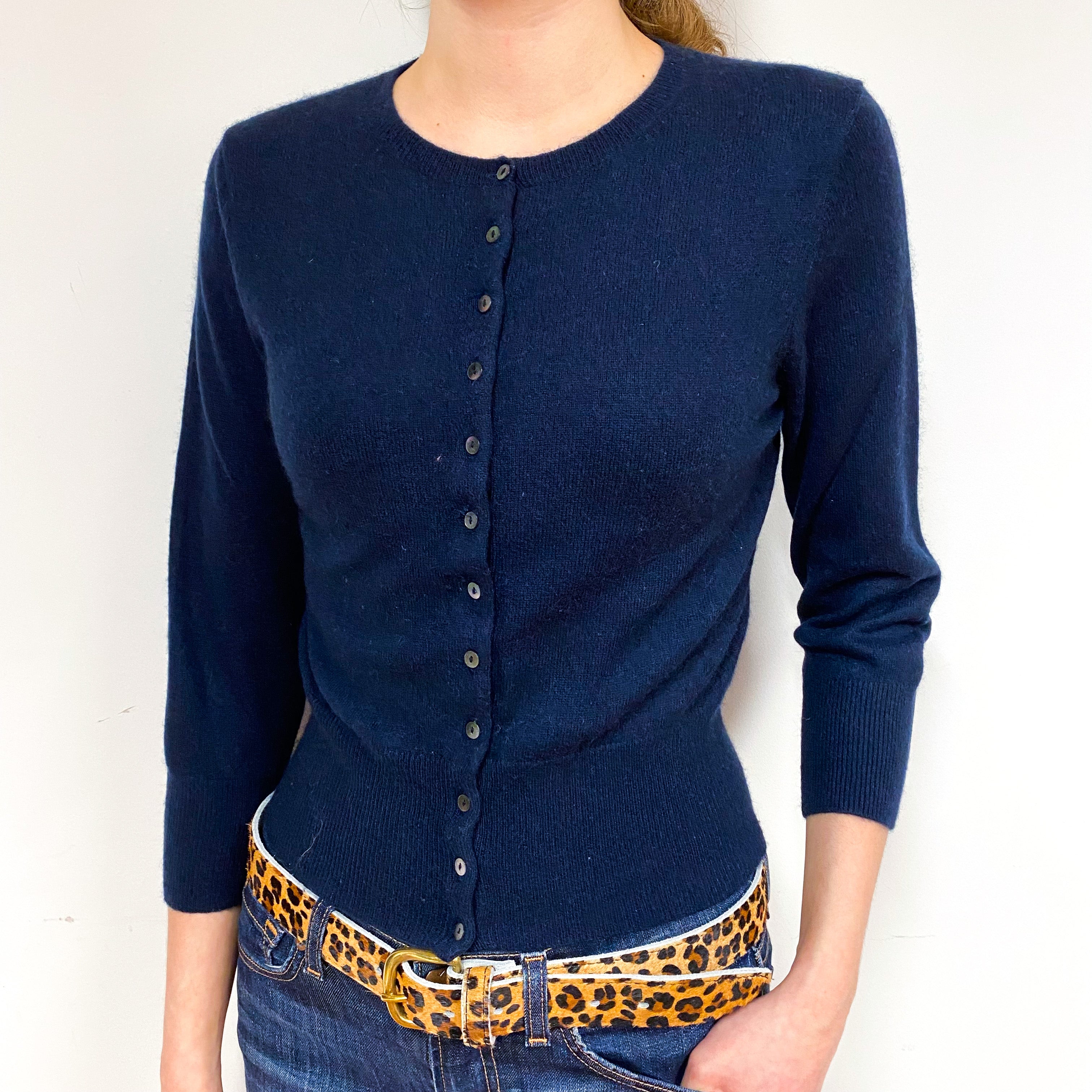Navy Cropped Cashmere Crew Neck Cardigan Extra Small