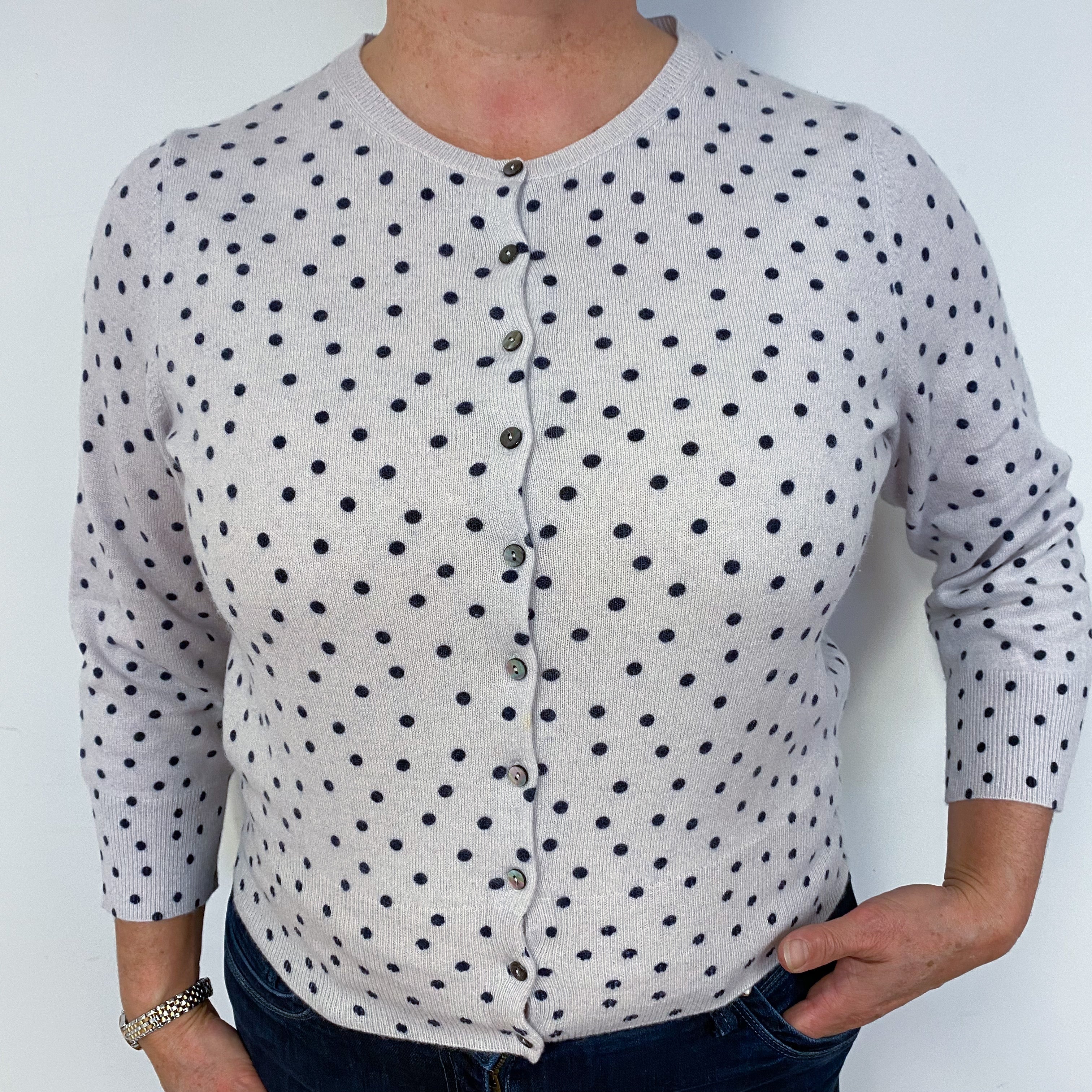 Winter White and Navy Spotted Cashmere Cardigan Large