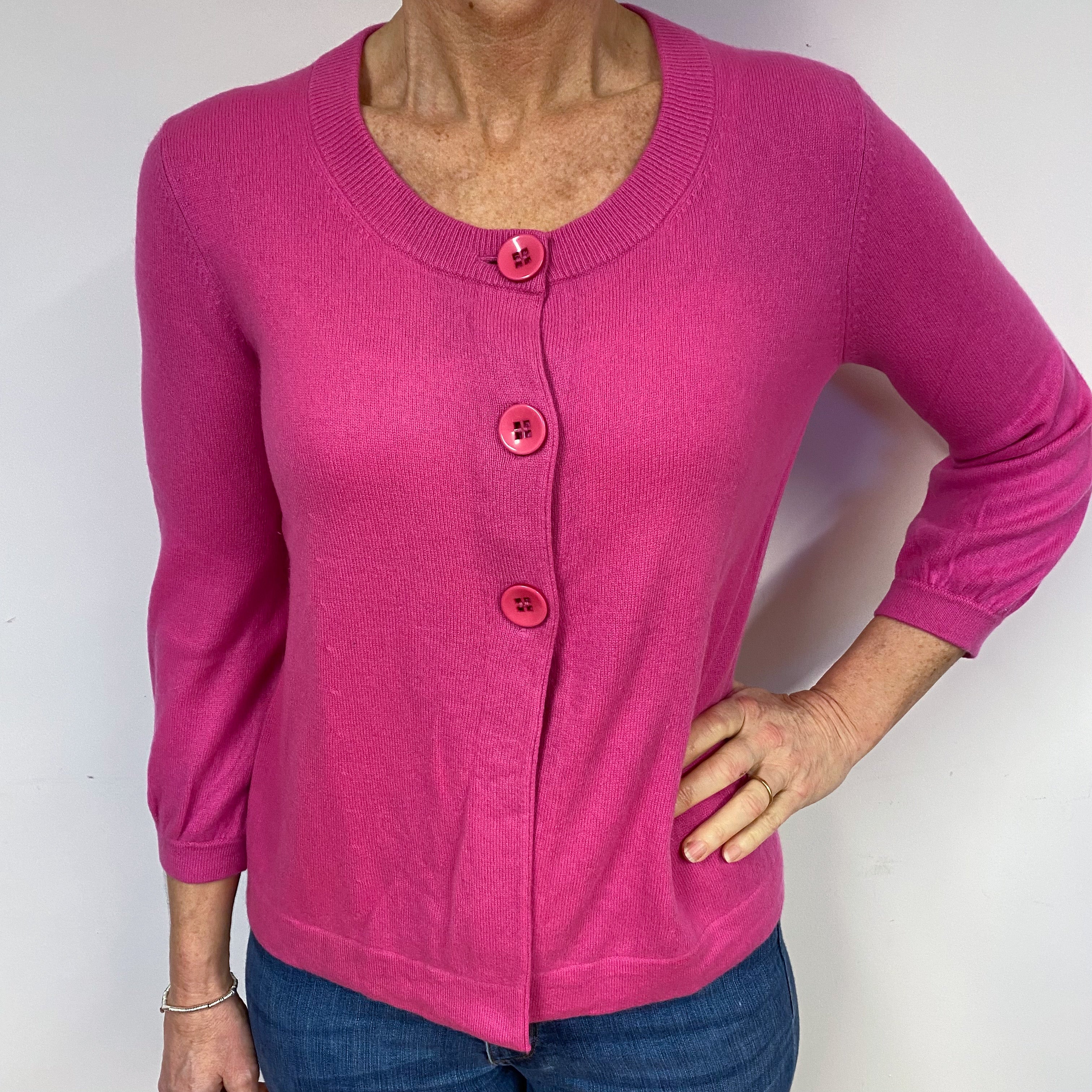 Fuchsia Pink 3/4 Sleeve Cashmere Crew Neck Cardigan Medium