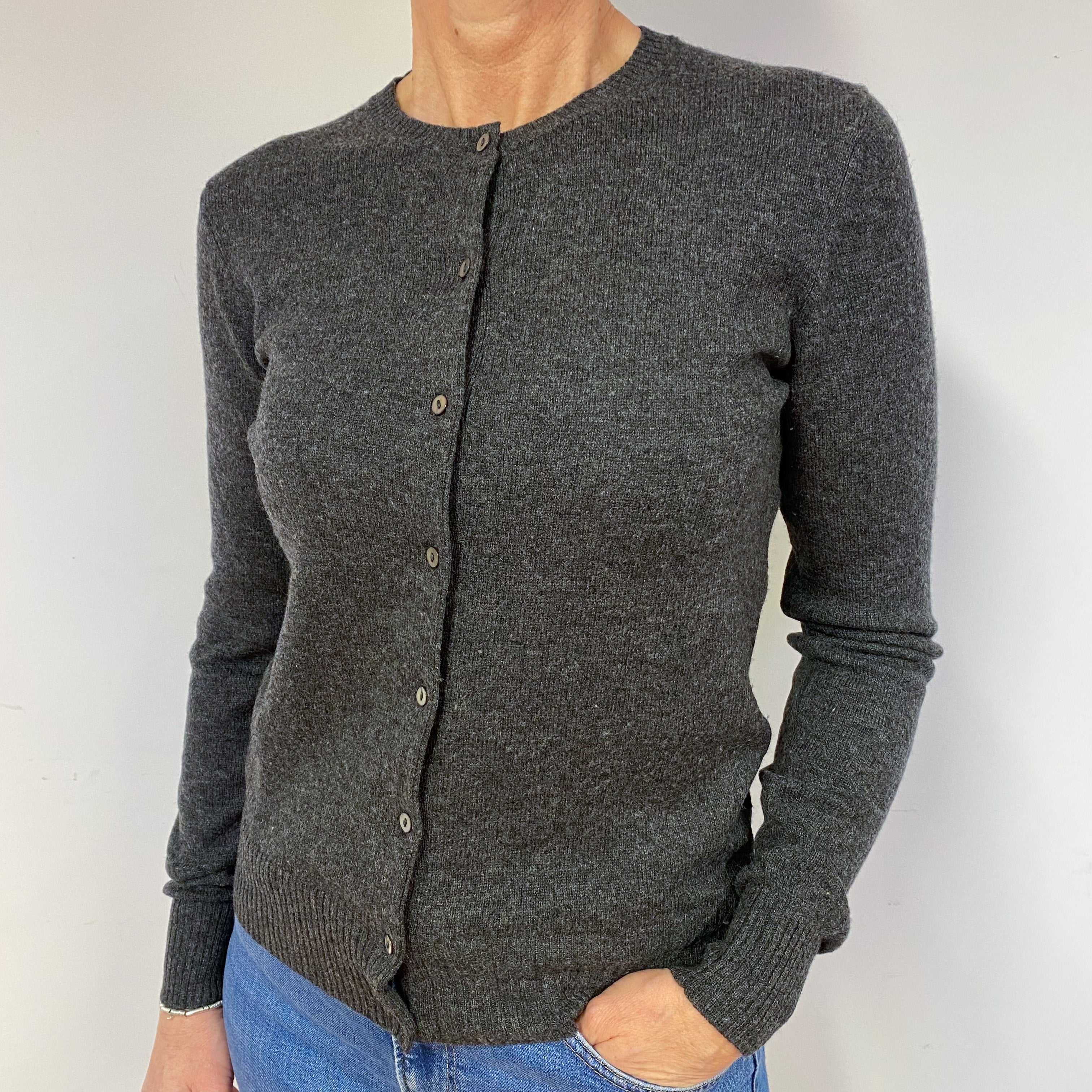 Slate Grey Cashmere Crew Neck Cardigan Medium