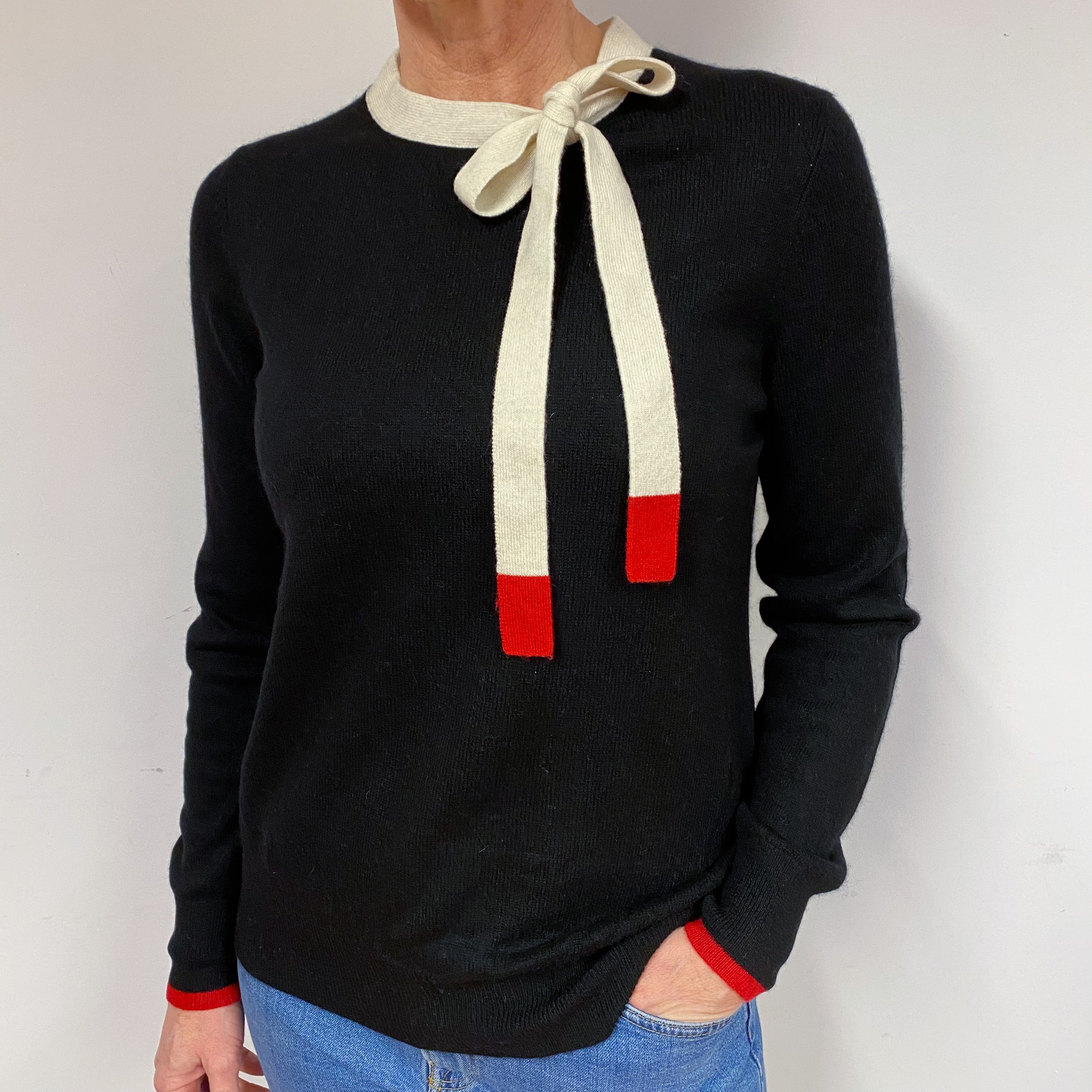 Black and Cream Cashmere Neck Tie Jumper Medium