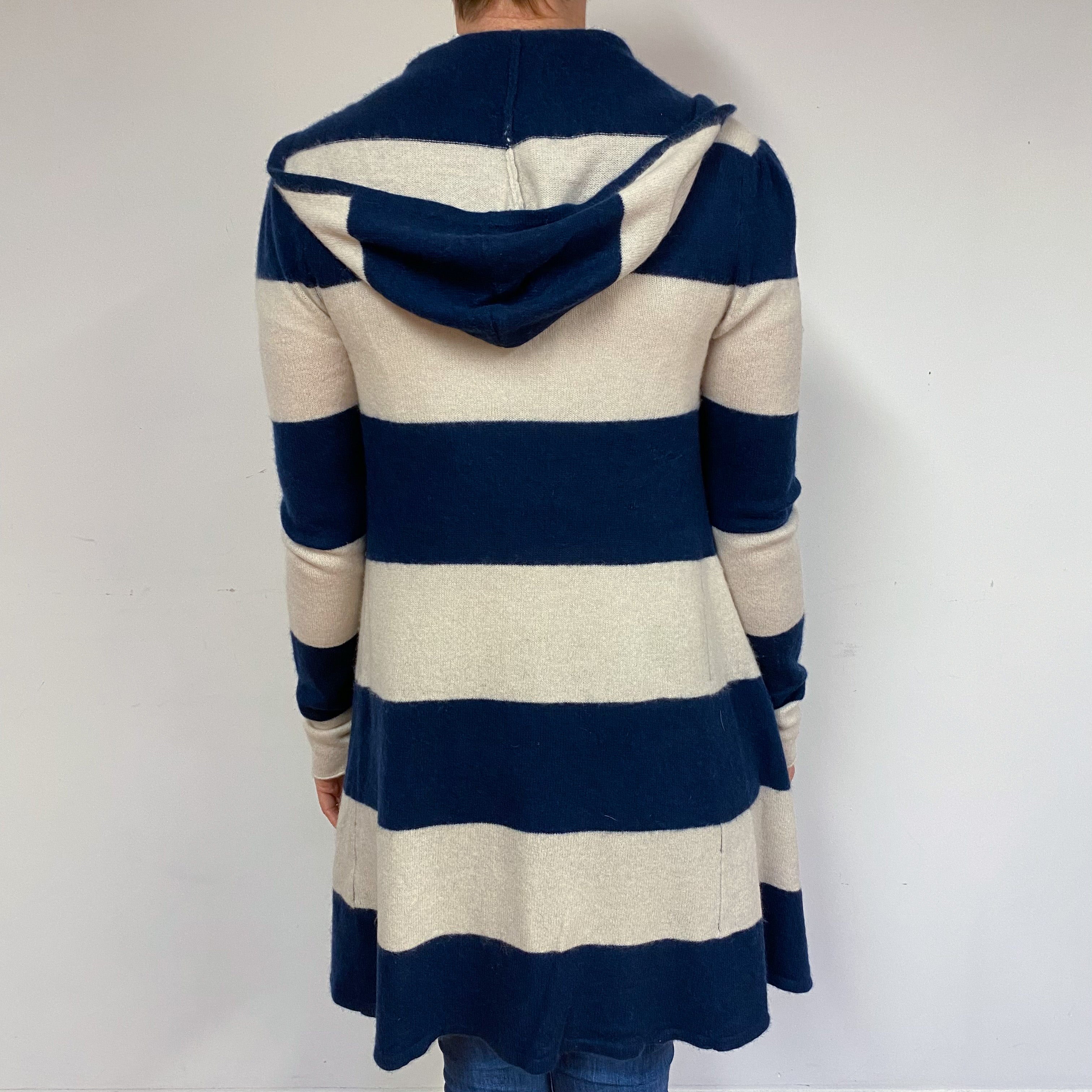 Striped, Hooded, and Long Fitting Cashmere Cardigan Medium