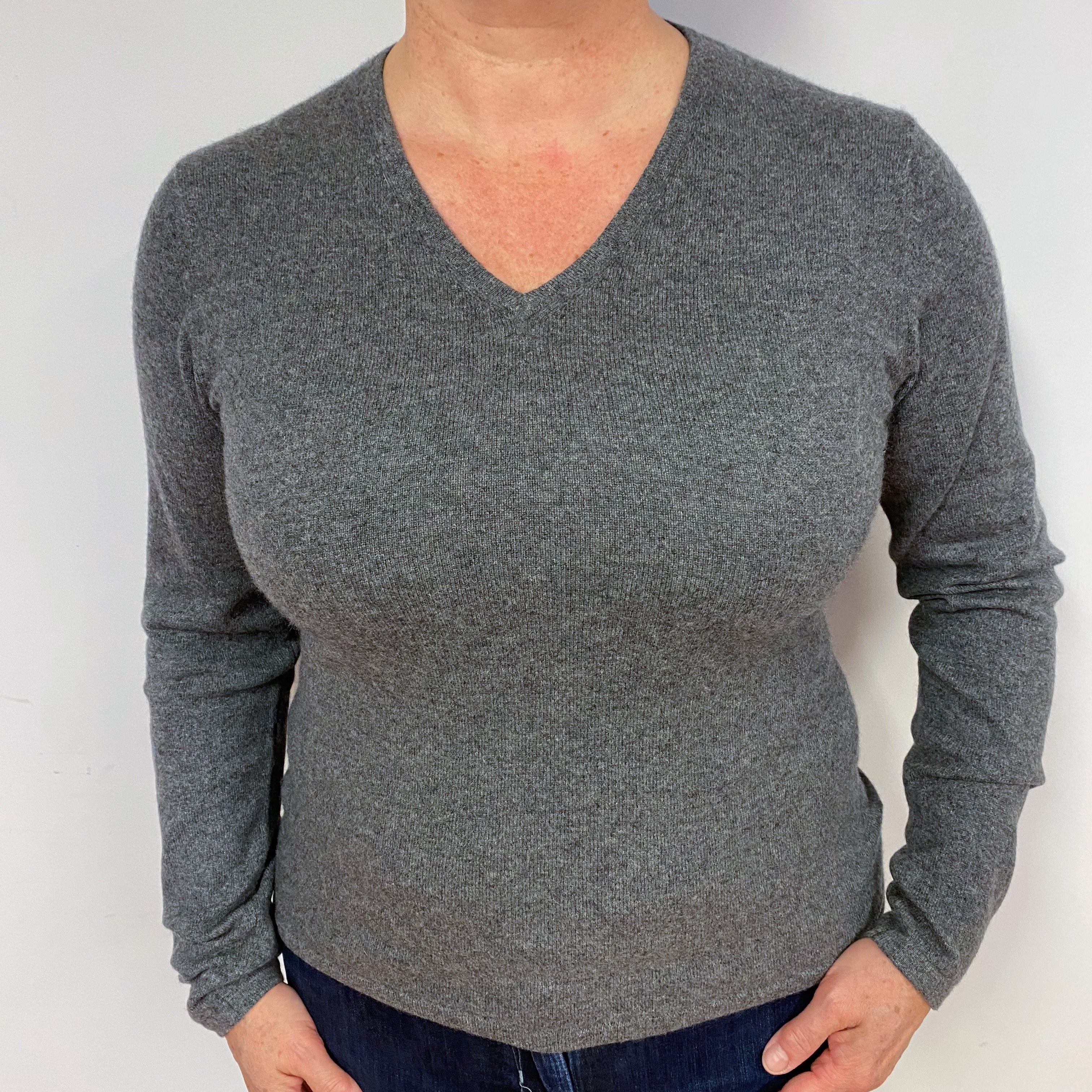 Slate Grey Cashmere V-Neck Jumper Large