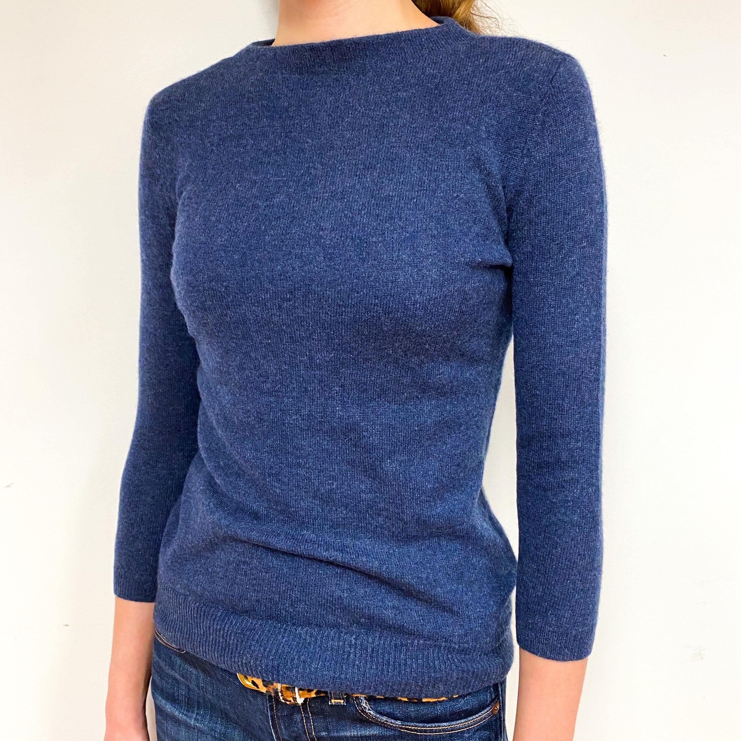 Naval Blue 3/4 Sleeve Cashmere Crew Neck Jumper Extra Small