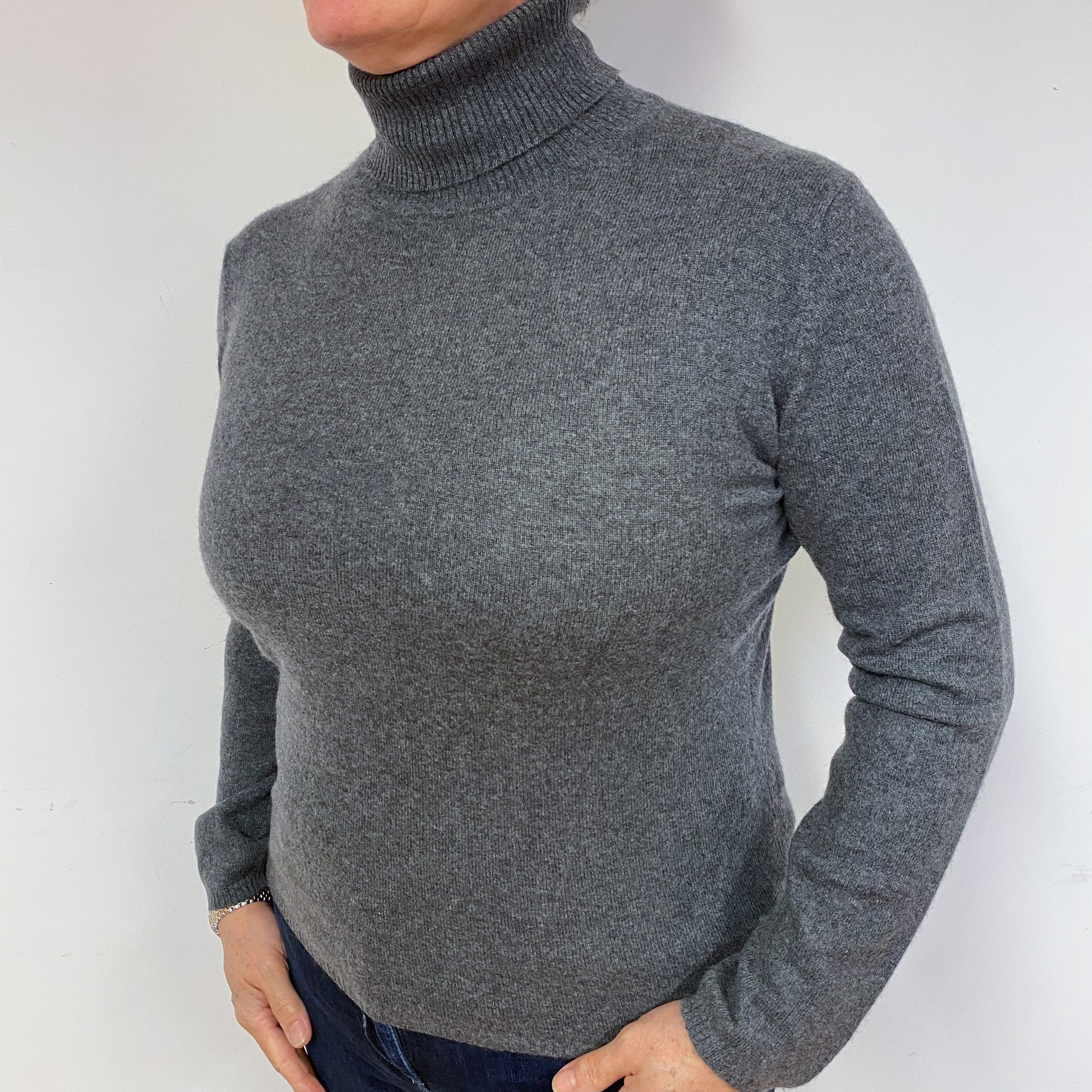 Slate Grey Cashmere Polo Neck Jumper Large