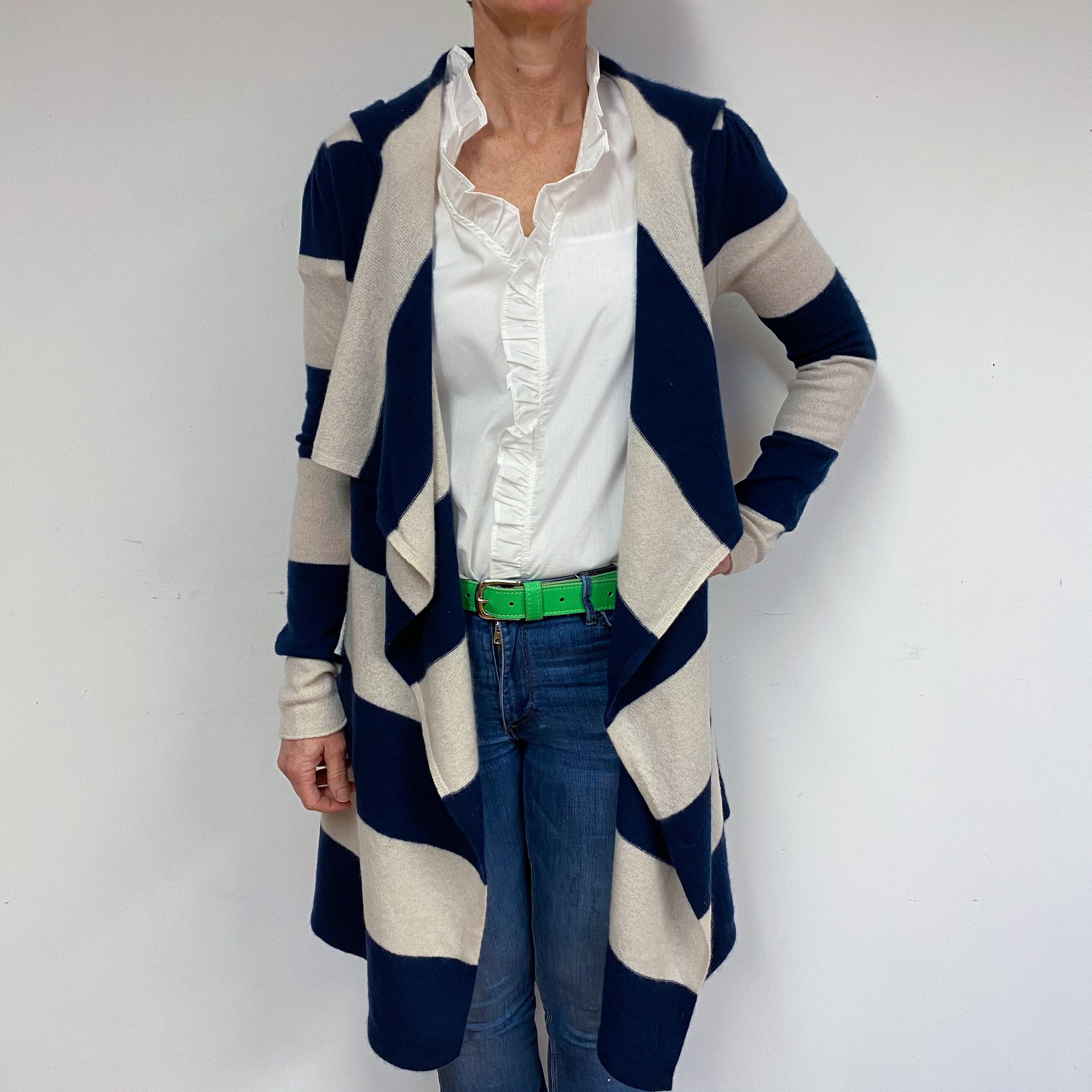 Striped, Hooded, and Long Fitting Cashmere Cardigan Medium