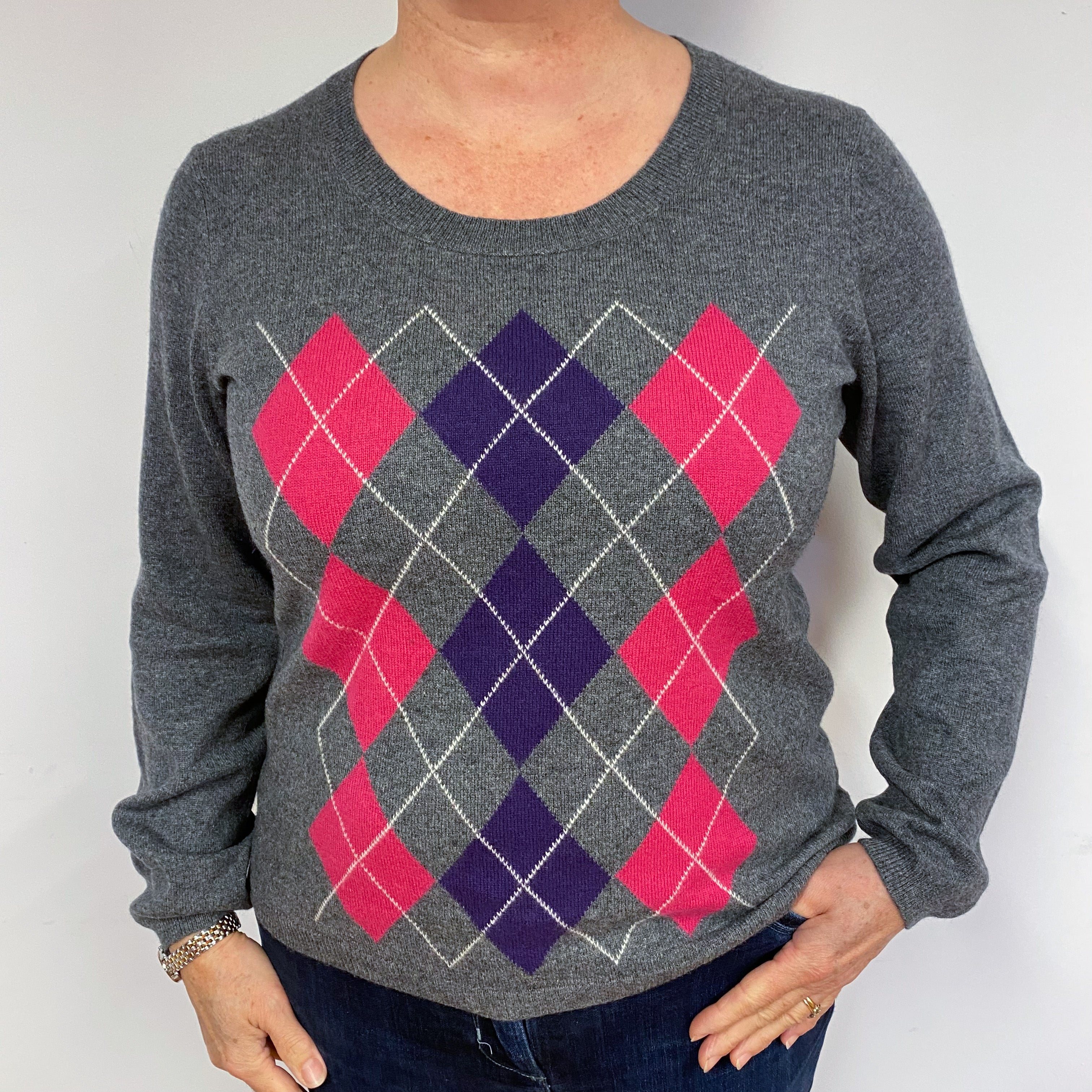 Grey Diamond Cashmere Crew Neck Jumper Large