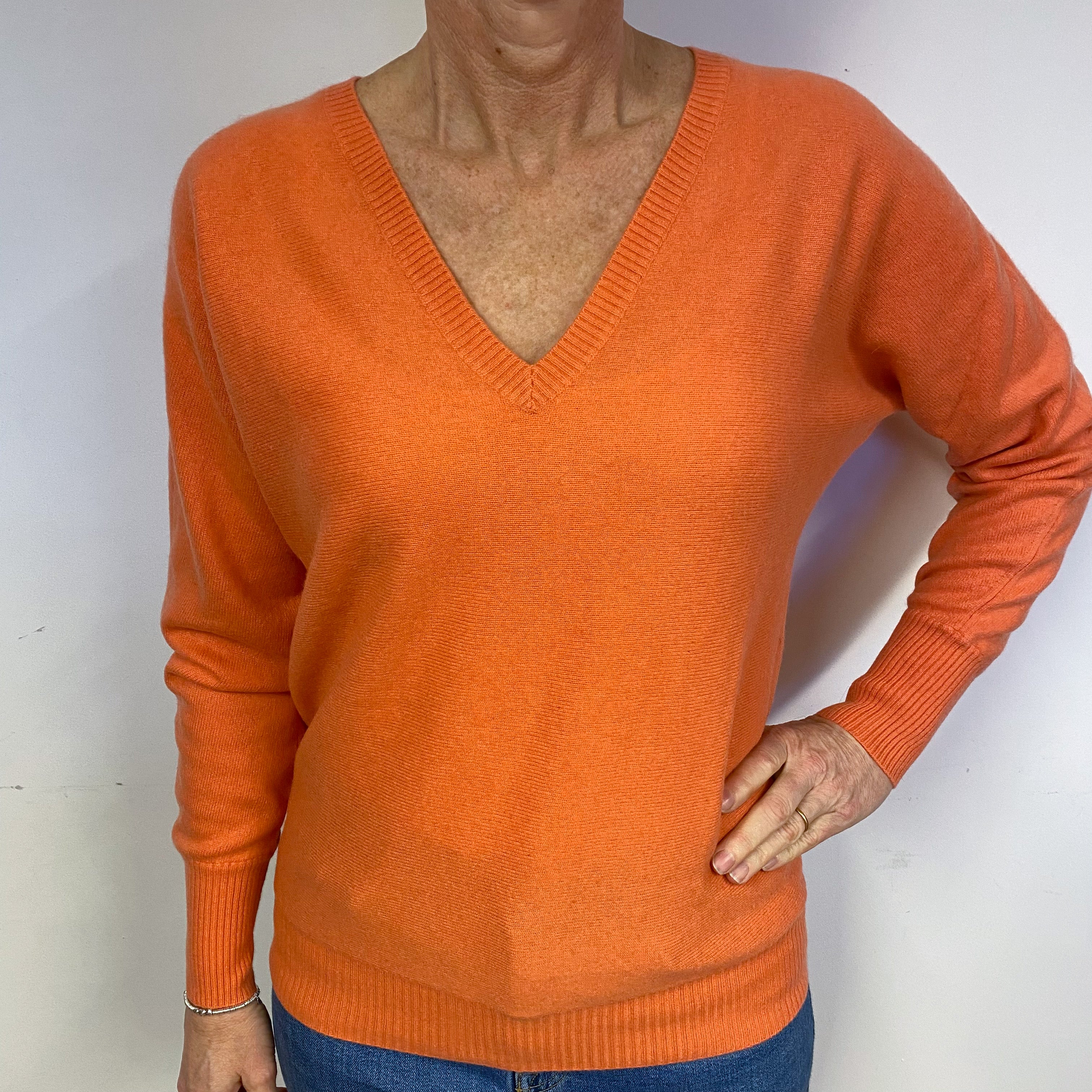 Warm Coral Cashmere Batwing V-Neck Jumper Medium