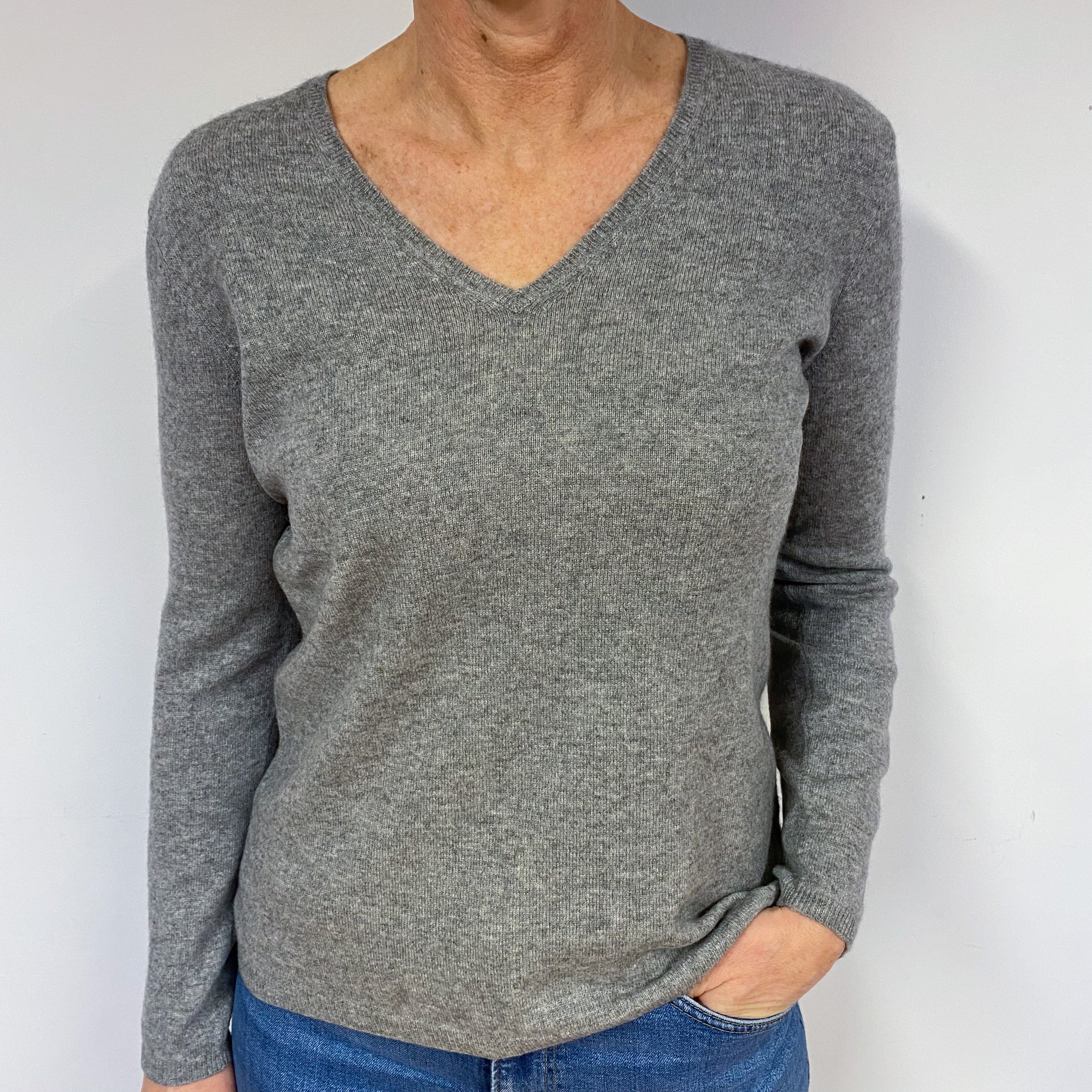 Ash Grey Cashmere V-Neck Jumper Medium