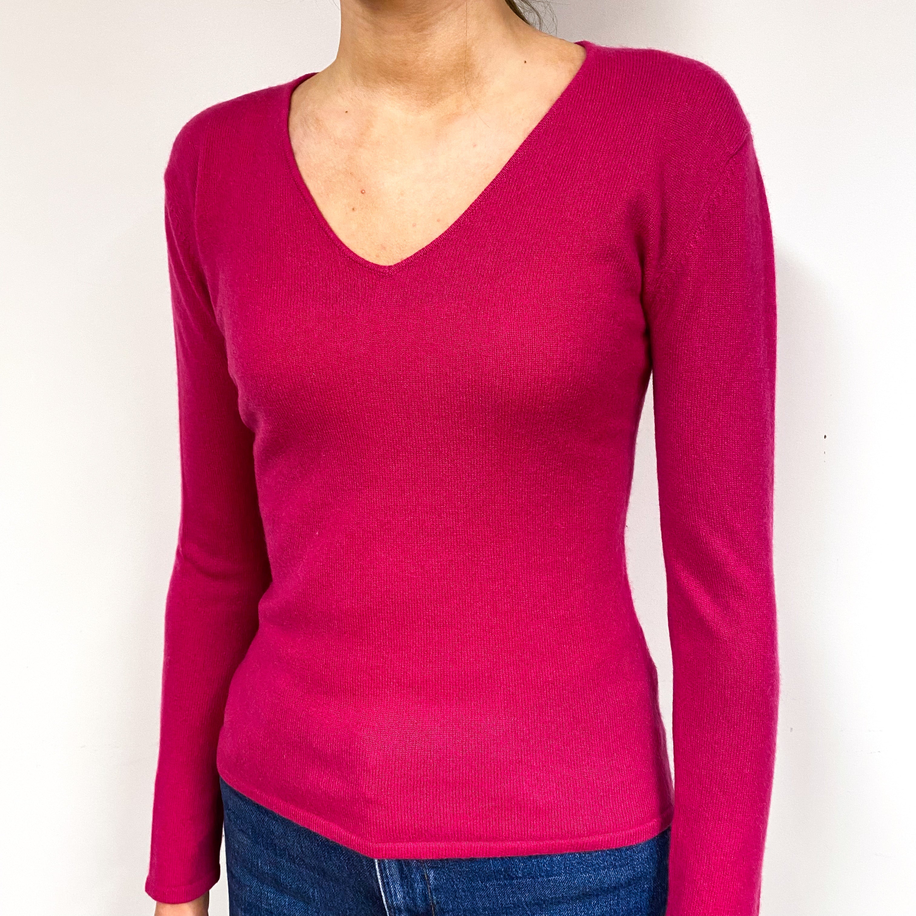 Fuchsia Pink Cashmere V-Neck Jumper Extra Small