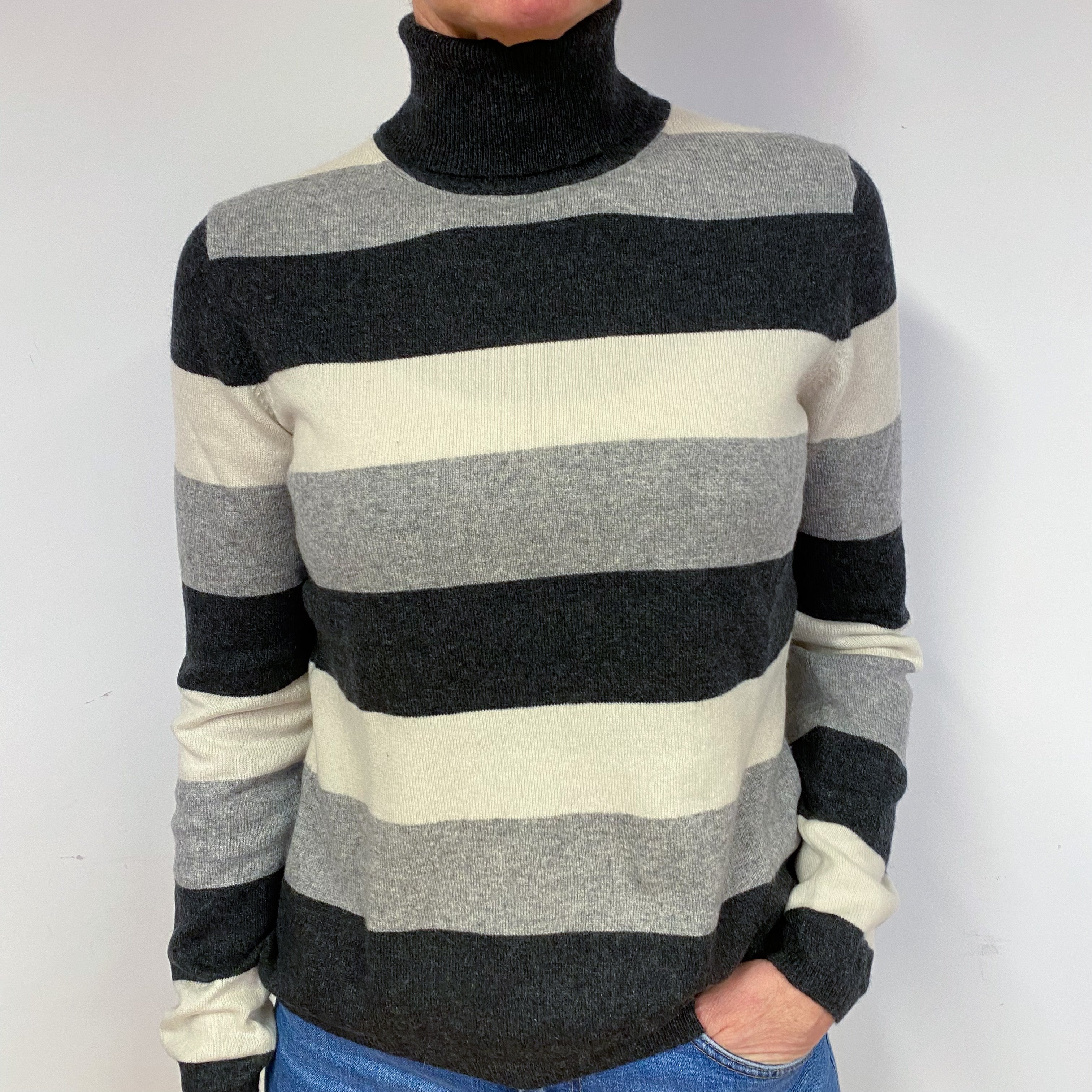 Grey Cream Stripe Cashmere Polo Neck Jumper Medium