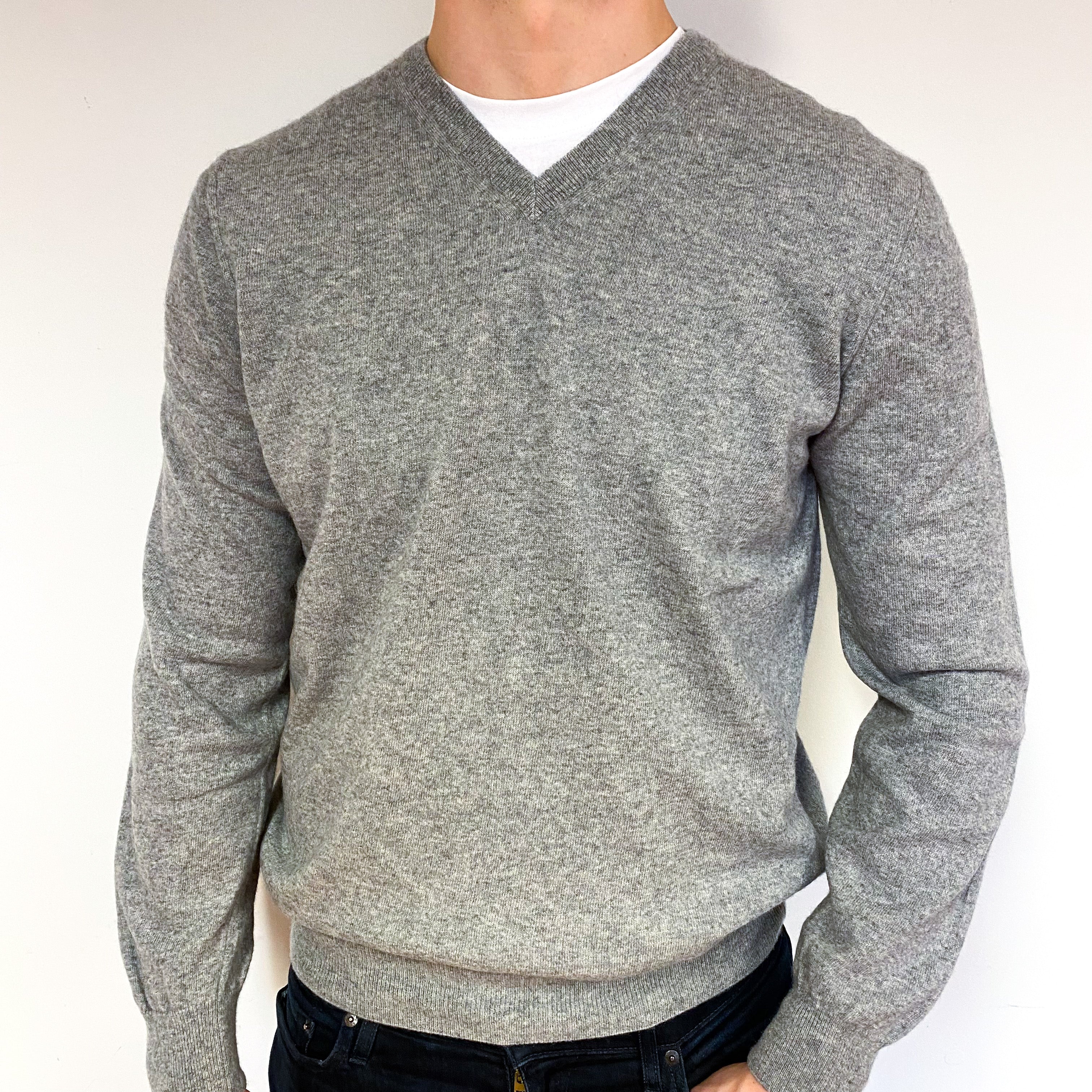 Men's Ash Grey Cashmere V-Neck Jumper Extra Large