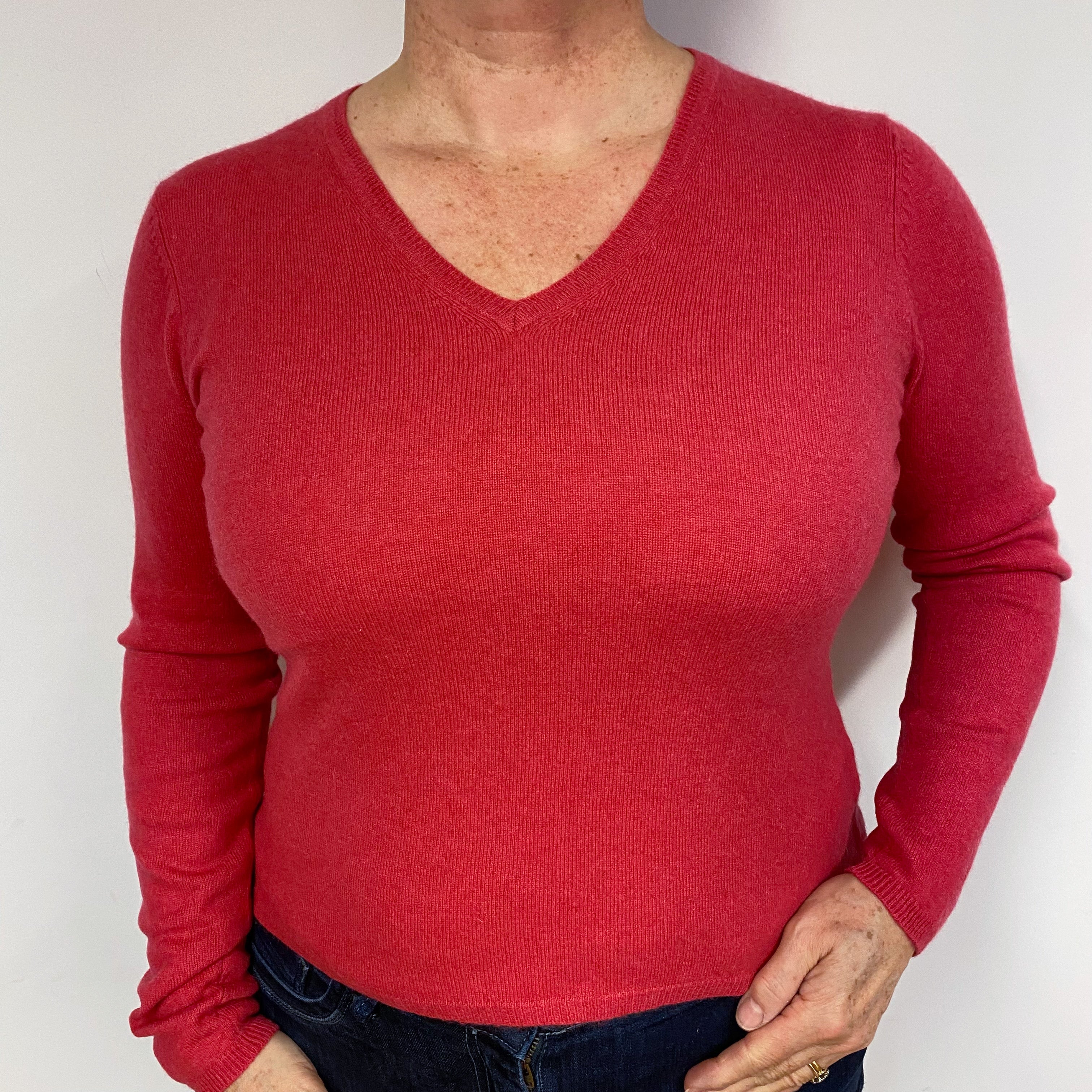Strawberry Pink Cashmere V-Neck Jumper Large