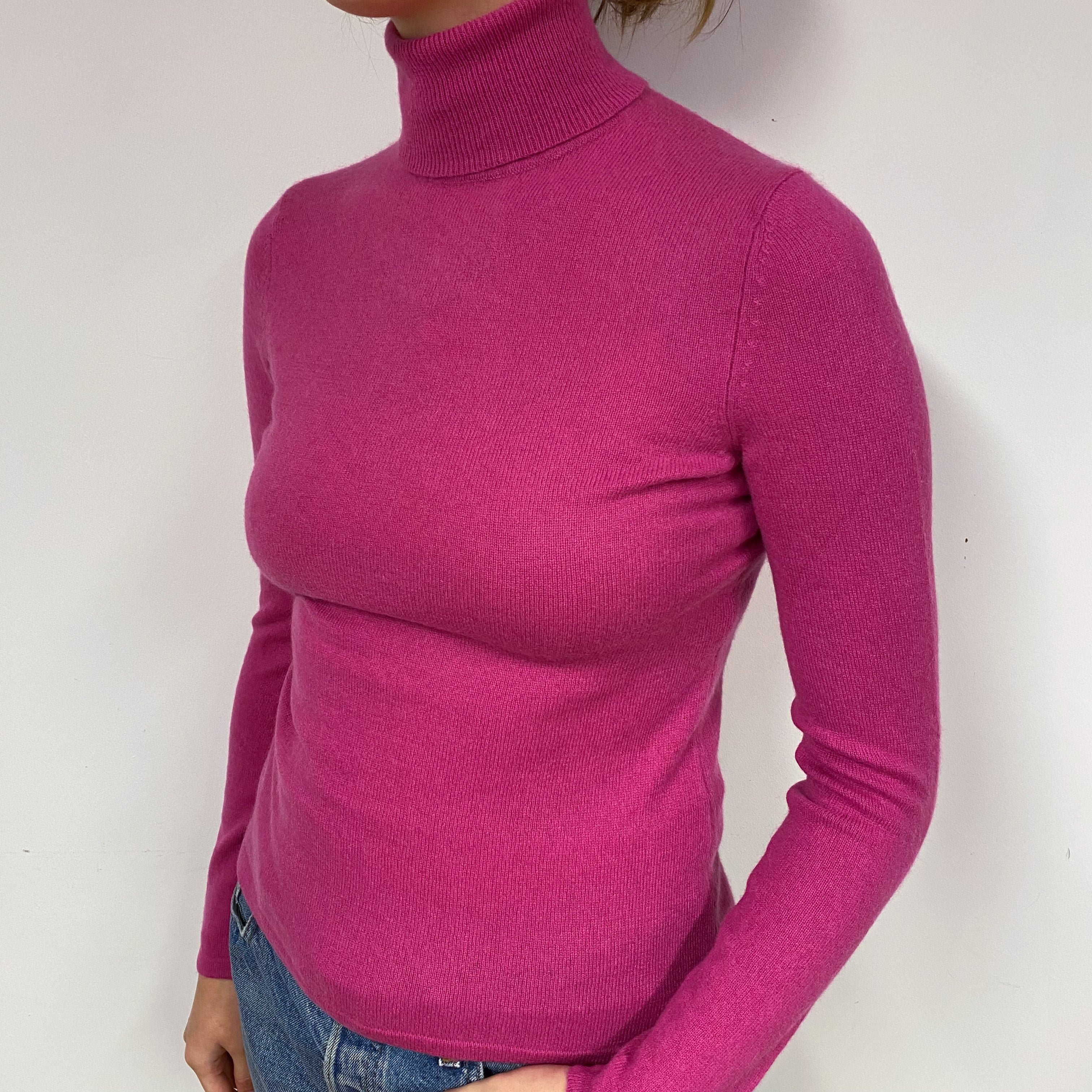 Fuchsia Pink Cashmere Polo Neck Jumper Small