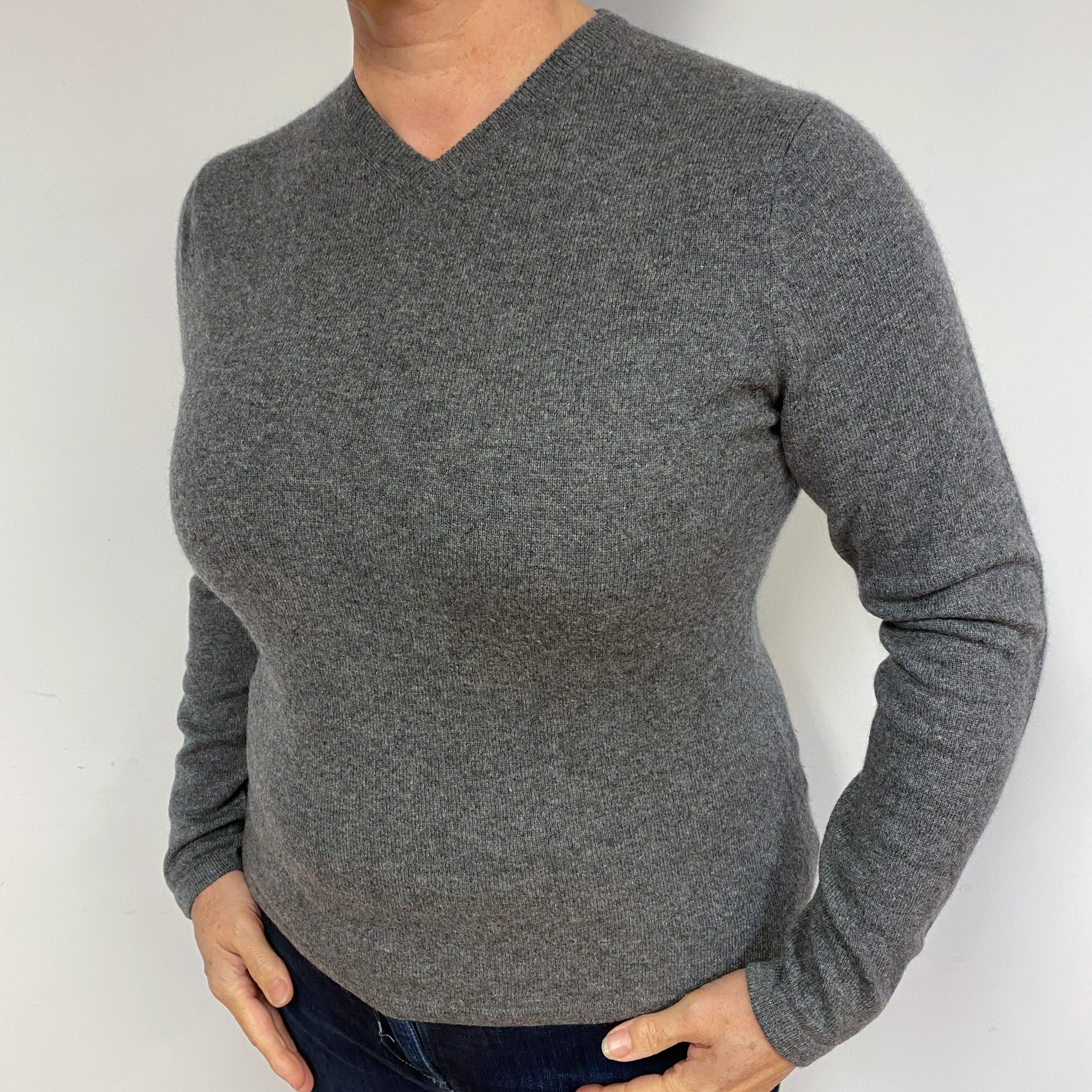 Mid Grey Cashmere V-Neck Jumper Large