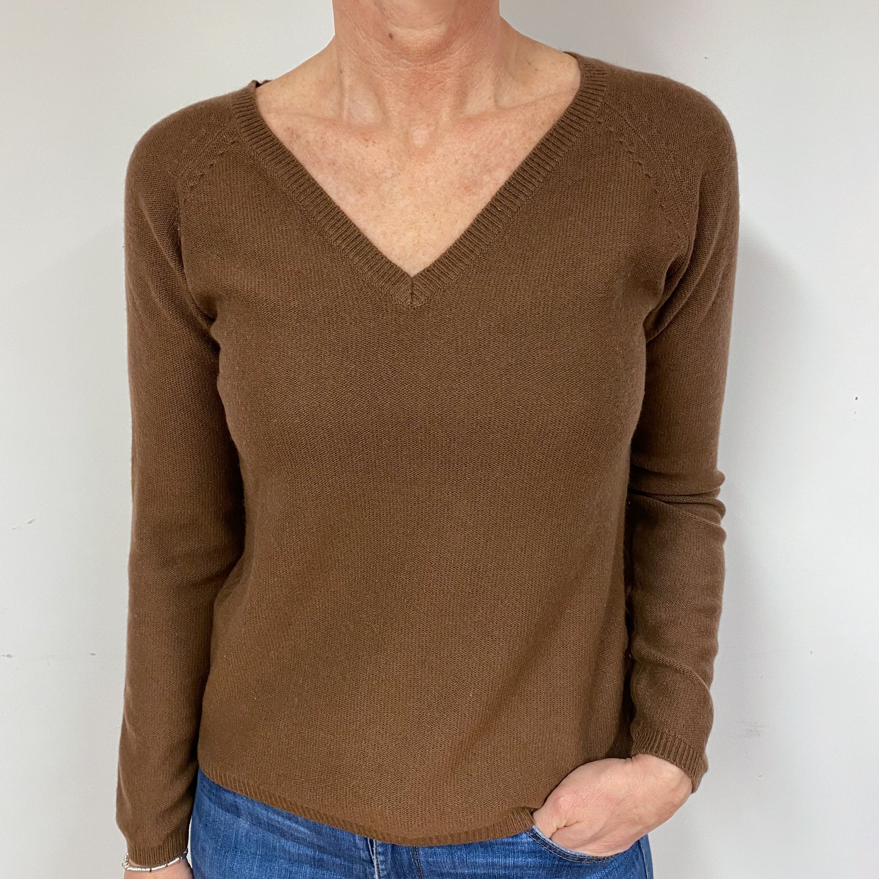 Chocolate Brown Cashmere V-Neck Jumper Medium