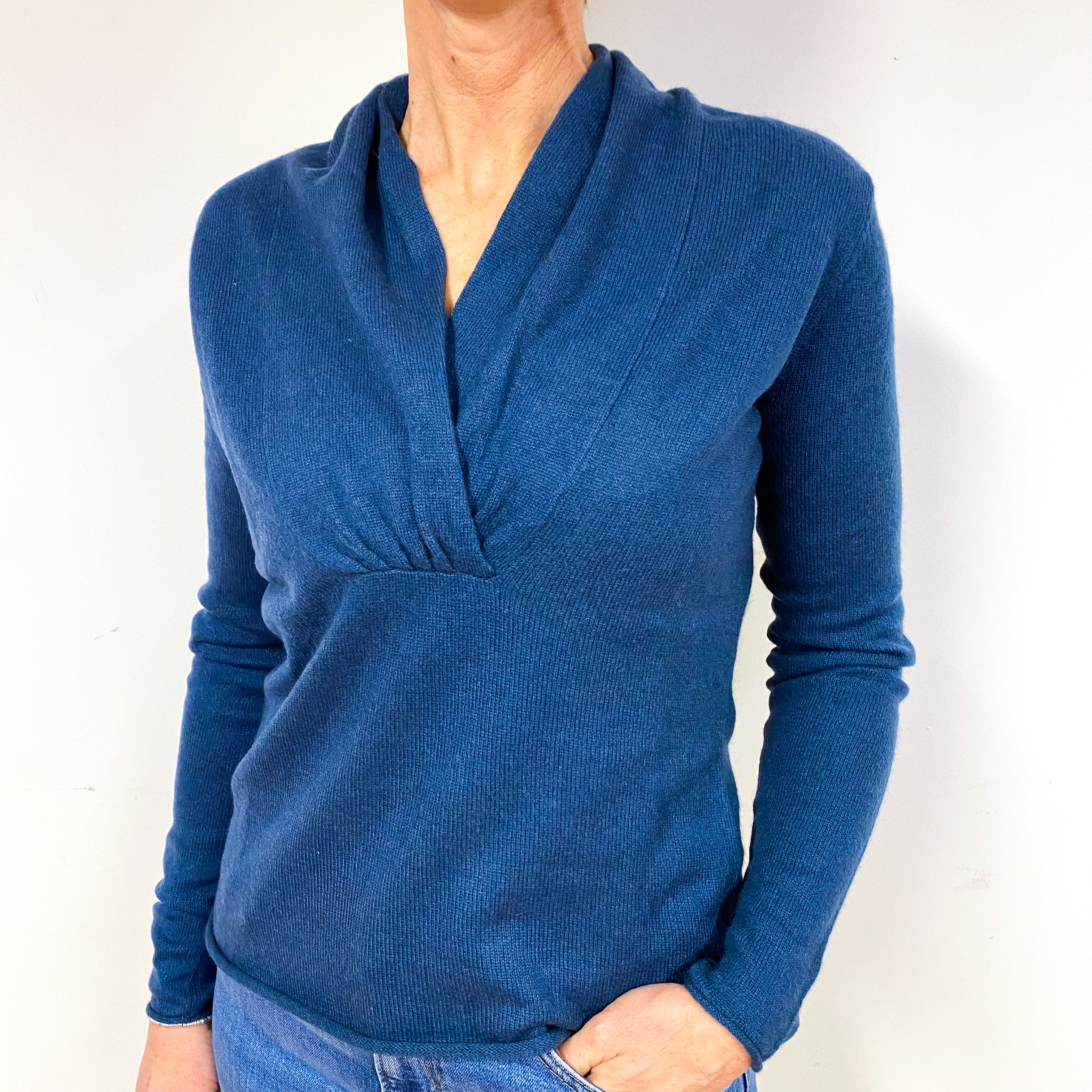 Petrol Blue Shawl Collar Cashmere V-Neck Jumper Medium