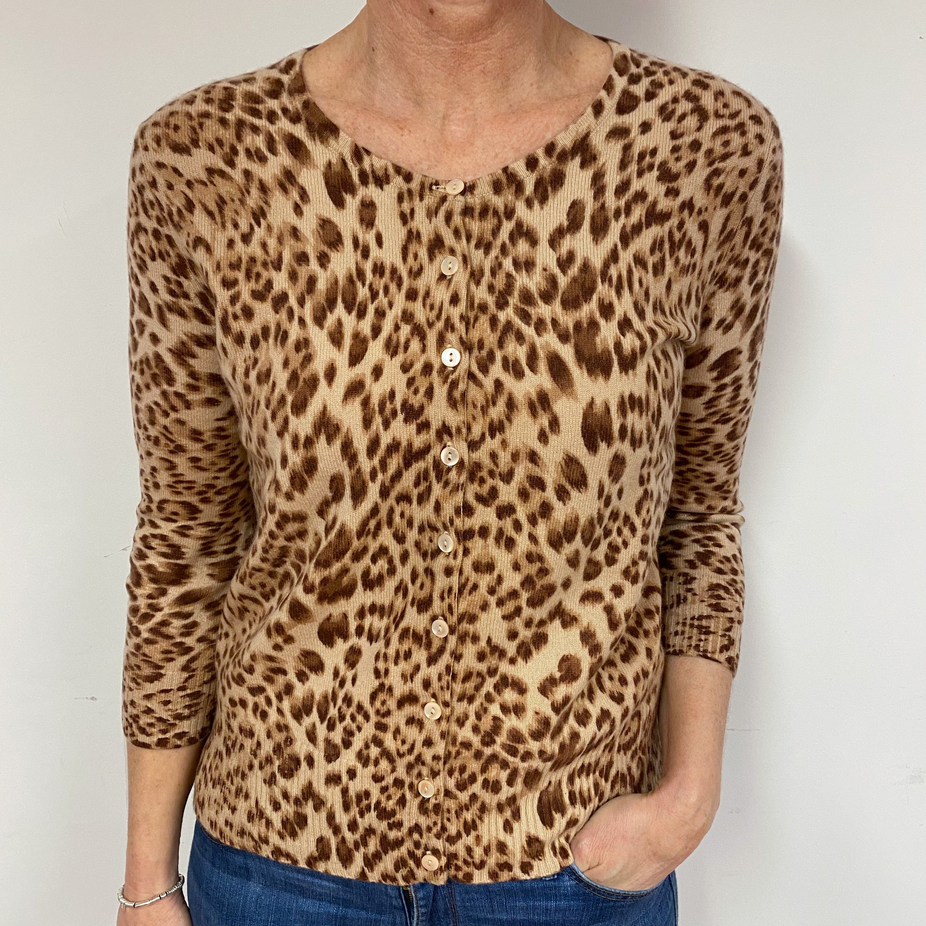 Leopard Print Cashmere Crew Neck Cardigan Medium