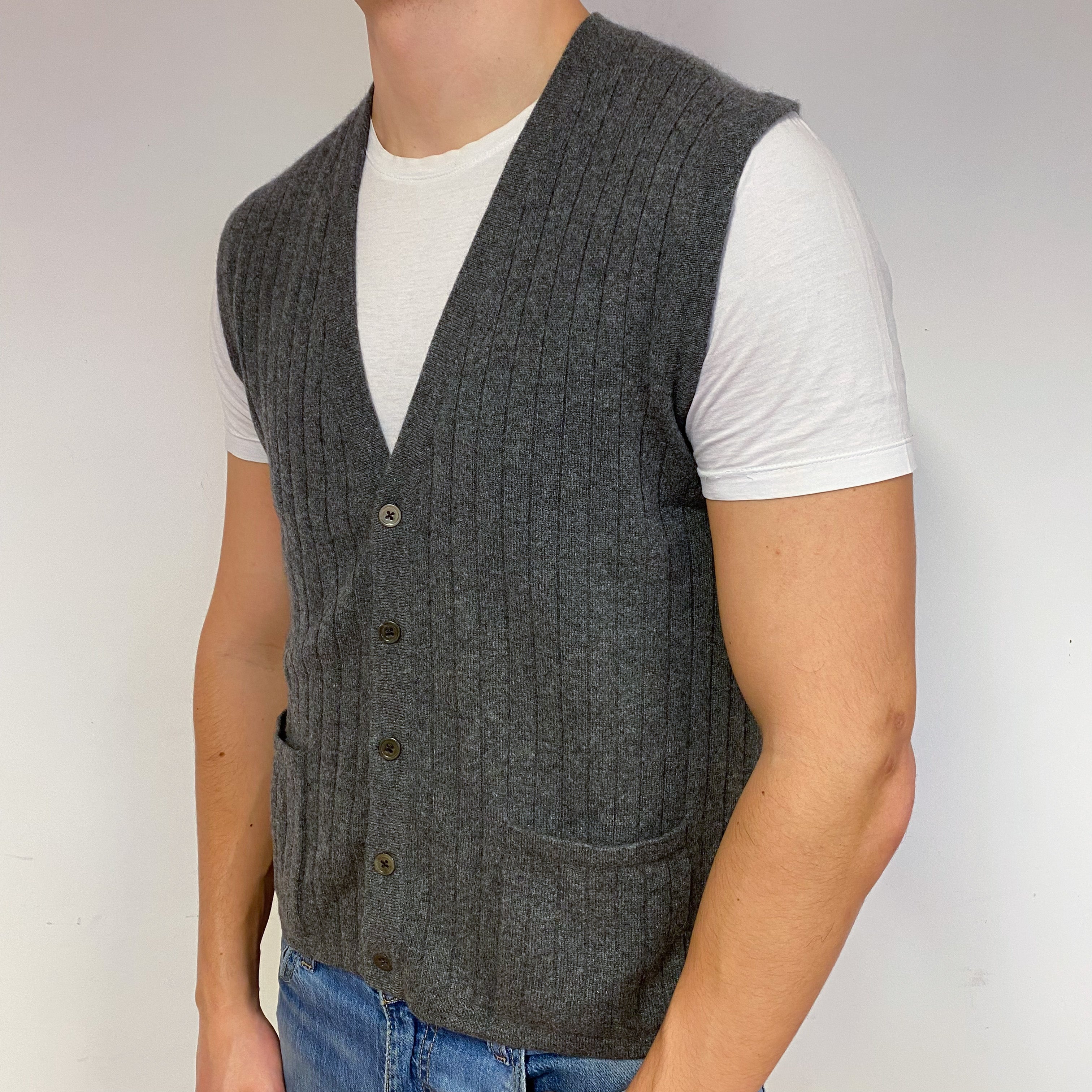 Men's Grey Ribbed Cashmere V-Neck Waistcoat Extra Large