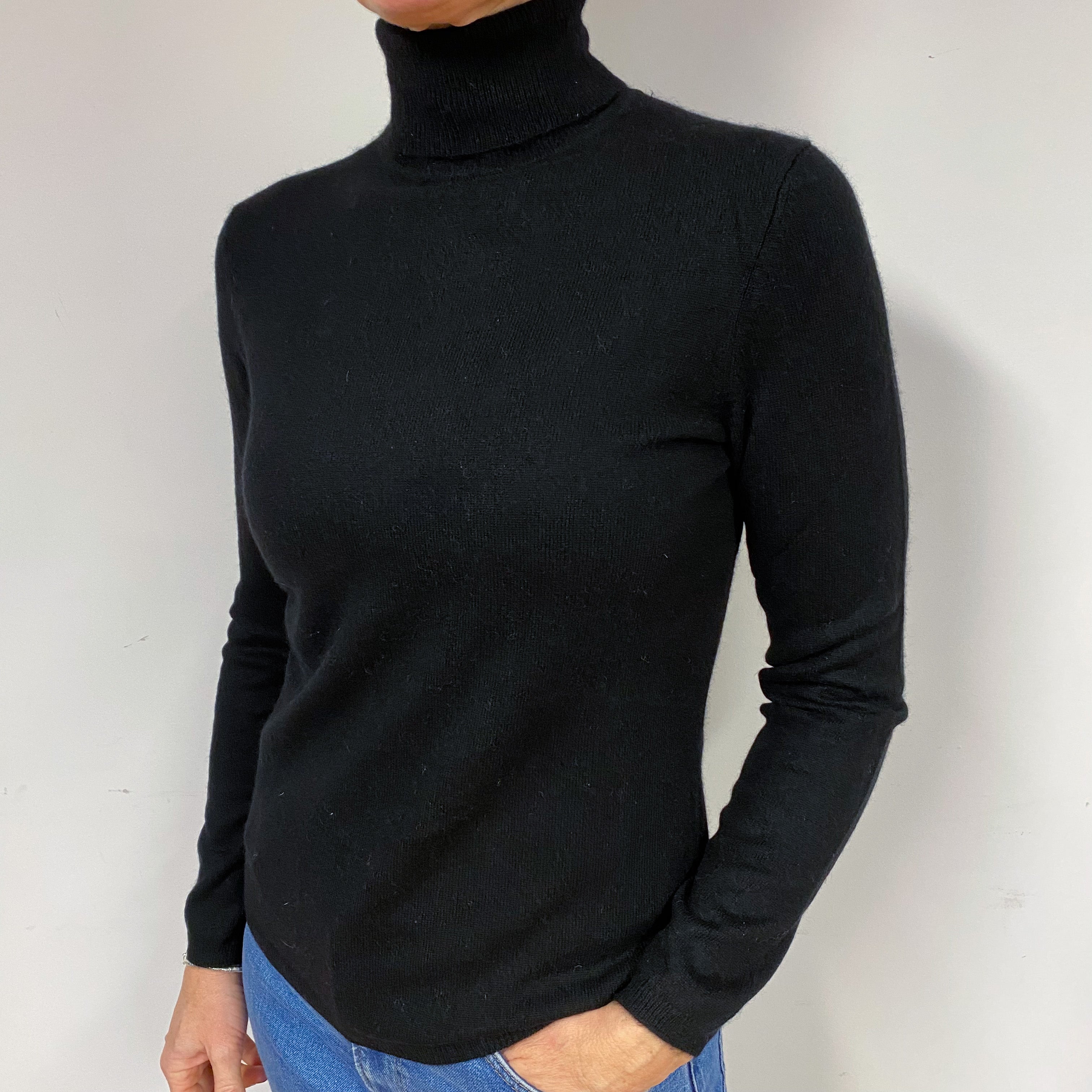 Slim Black Cashmere Polo Neck Jumper Medium