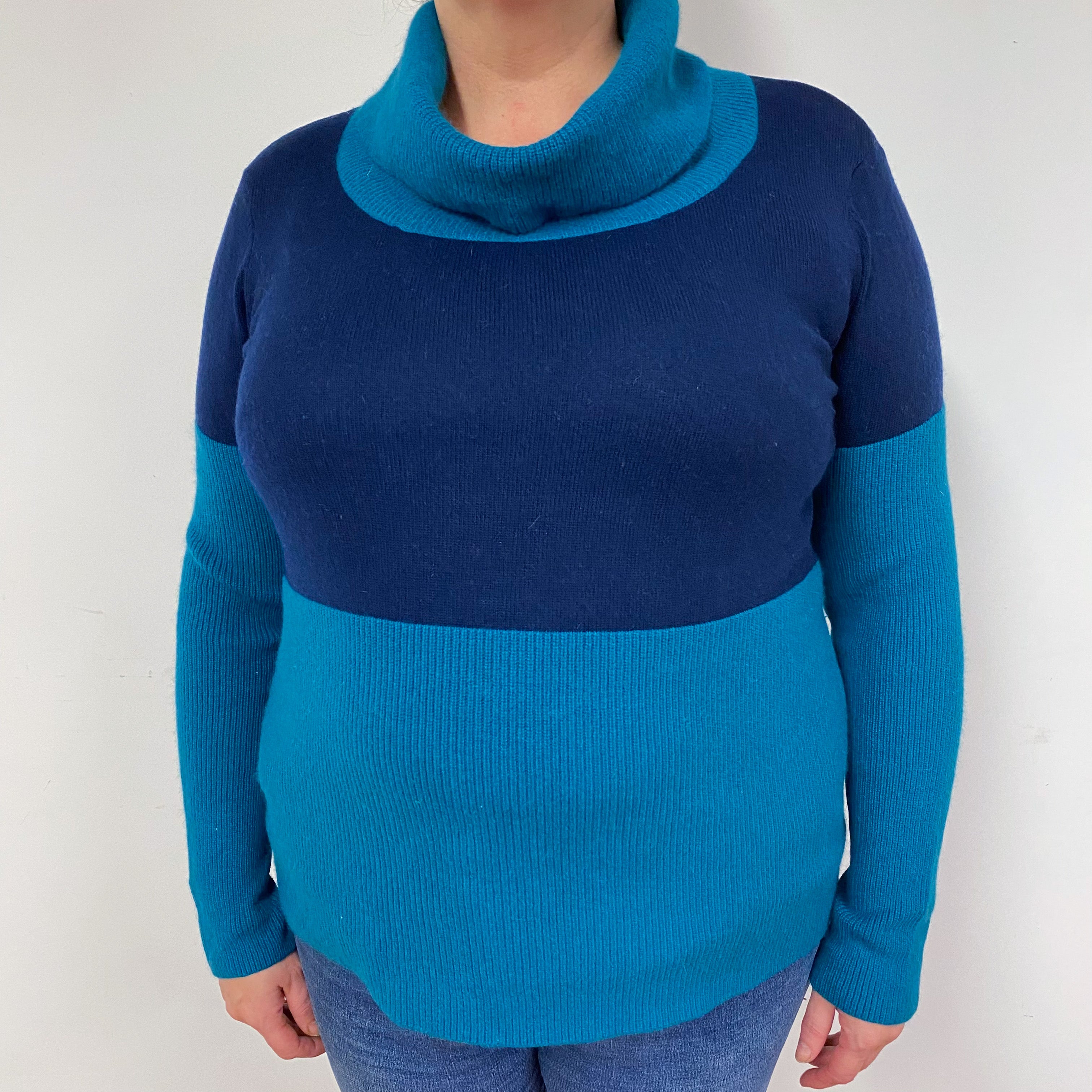 Navy and Dark Green Cashmere Polo Neck Jumper Extra Large