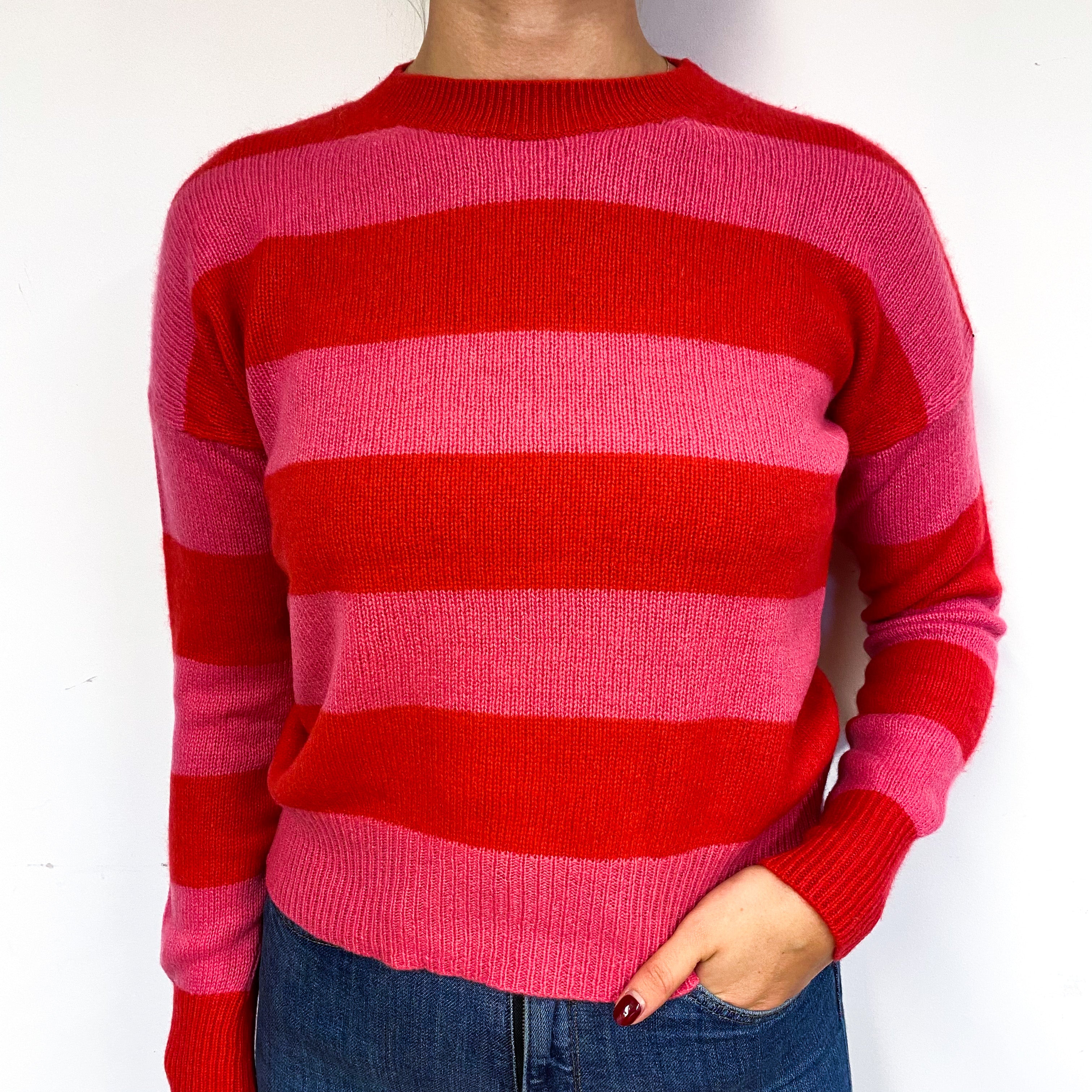 Red Pink Stripe Cashmere Crew Neck Jumper Small