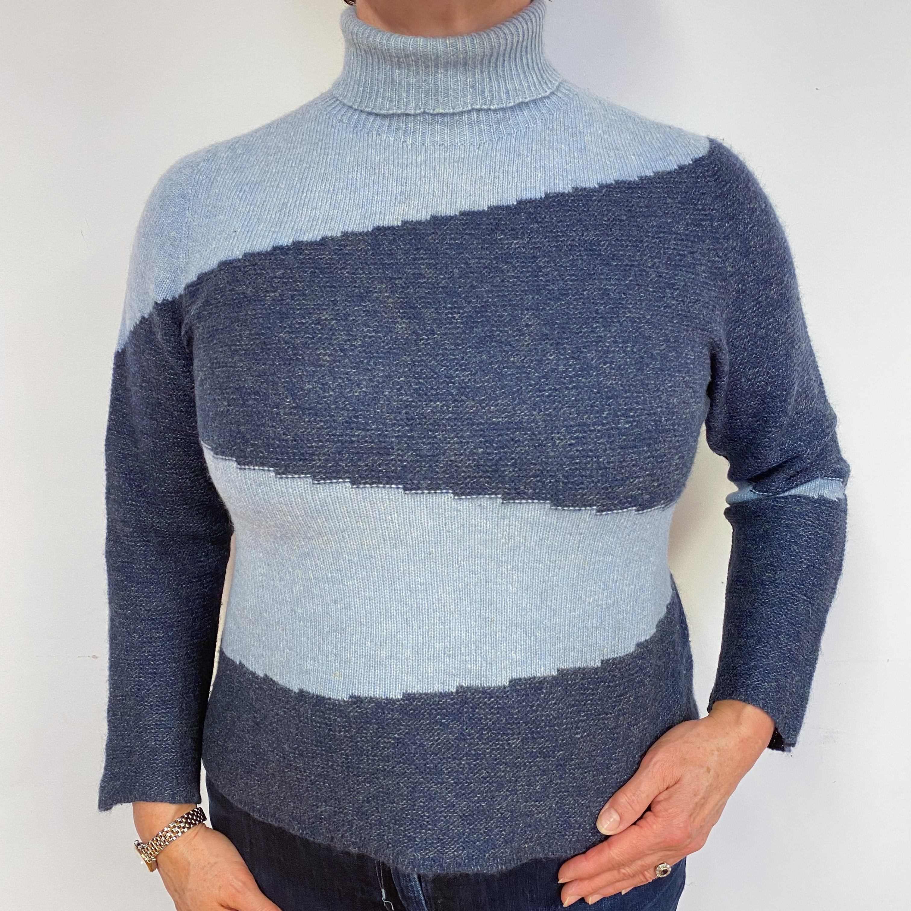 Blue Colour Block Cashmere Polo Neck Jumper Large