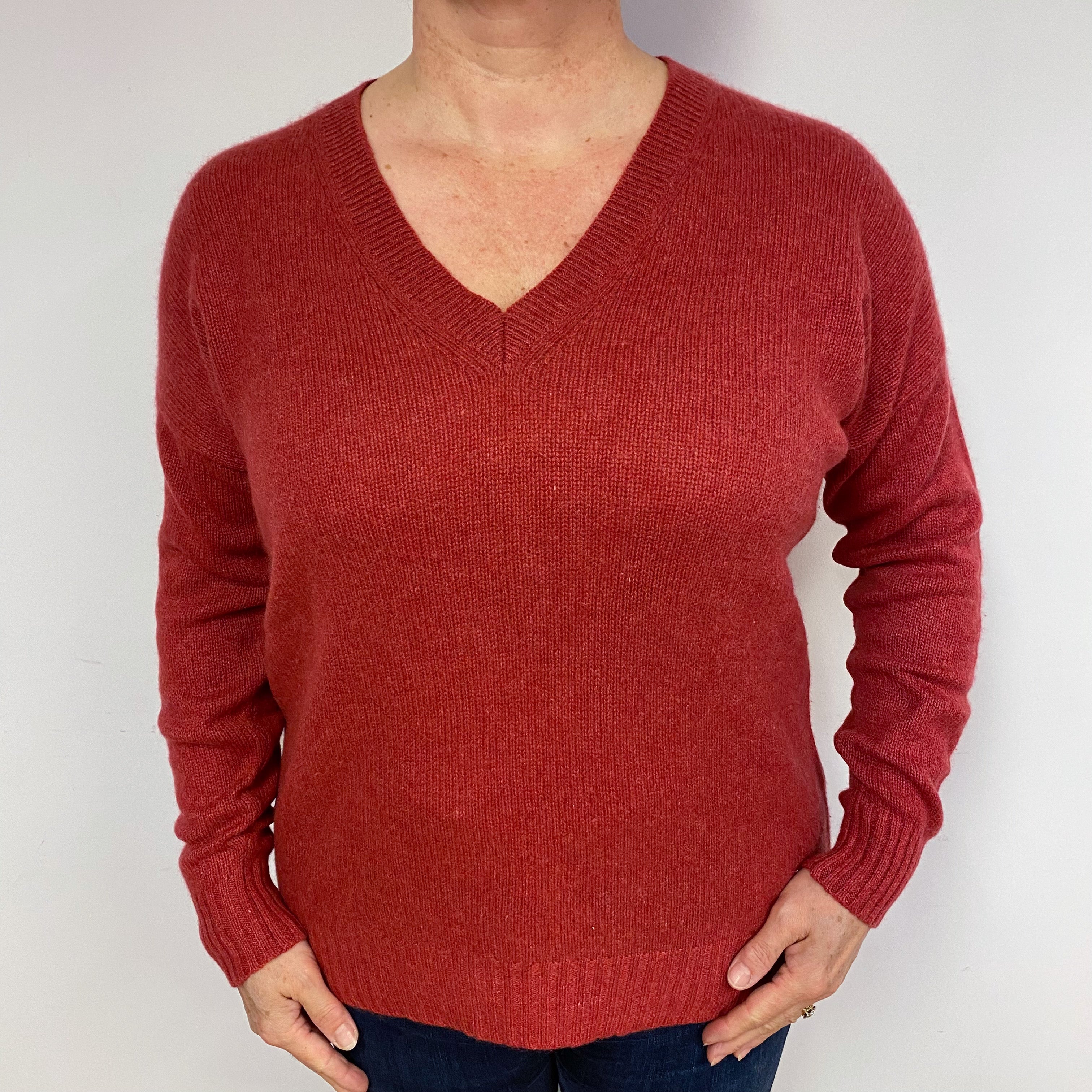 Brick Red Cashmere V-Neck Jumper Large