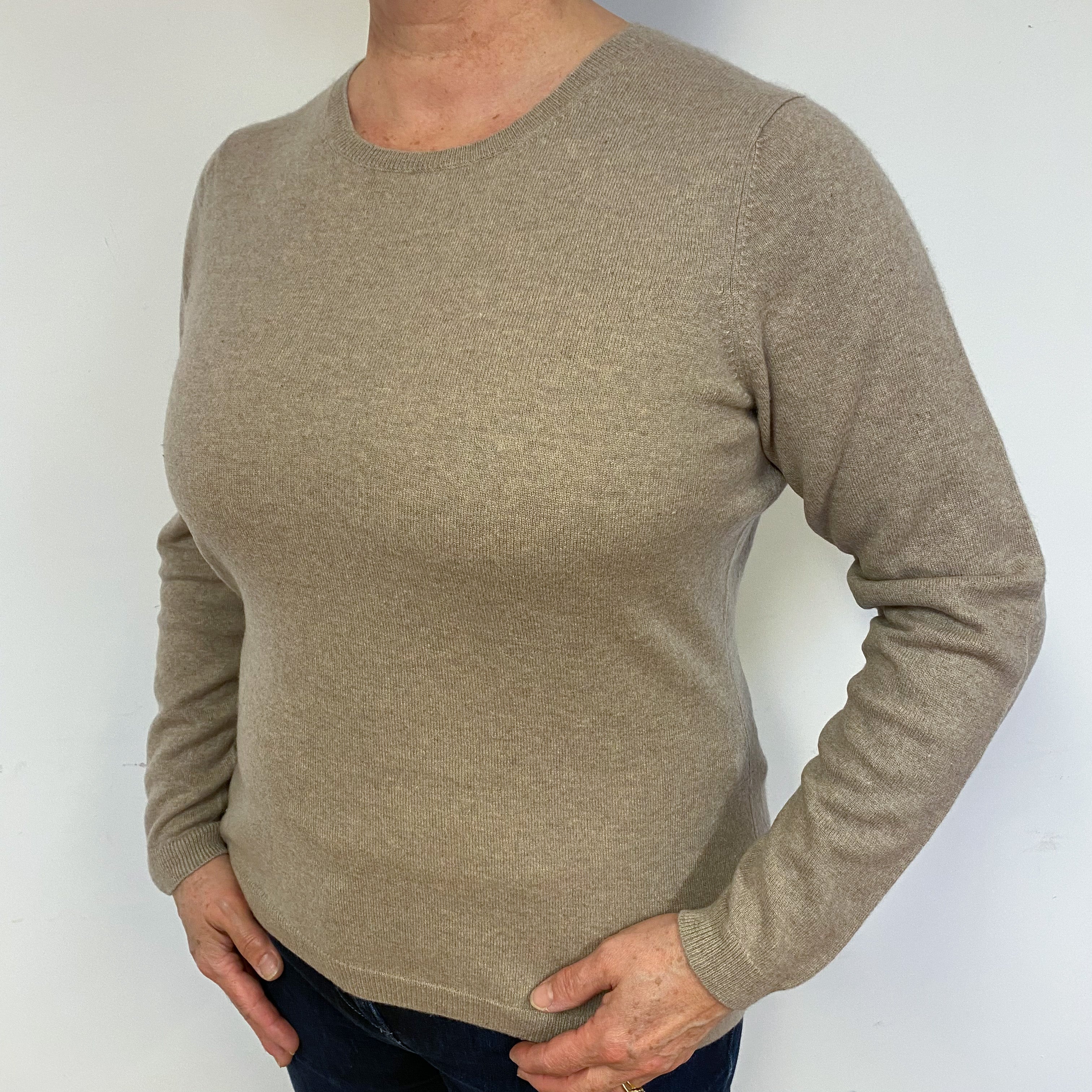 Taupe Brown Cashmere Crew Neck Jumper Large.
