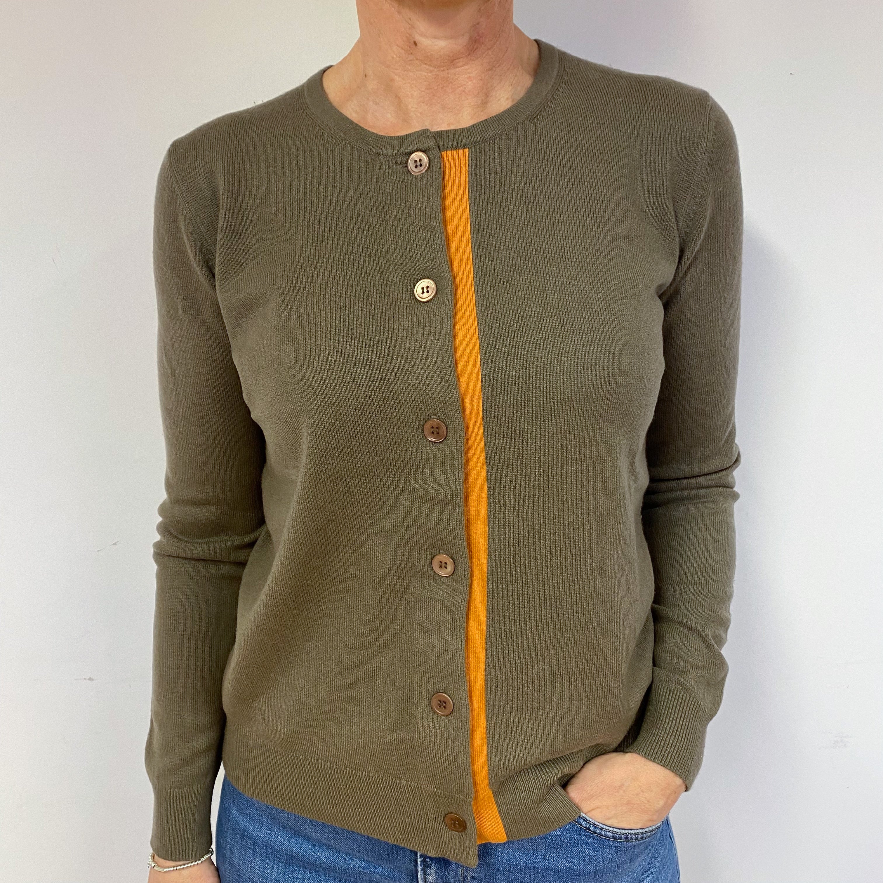 Khaki Green Cashmere Crew Neck Cardigan Medium
