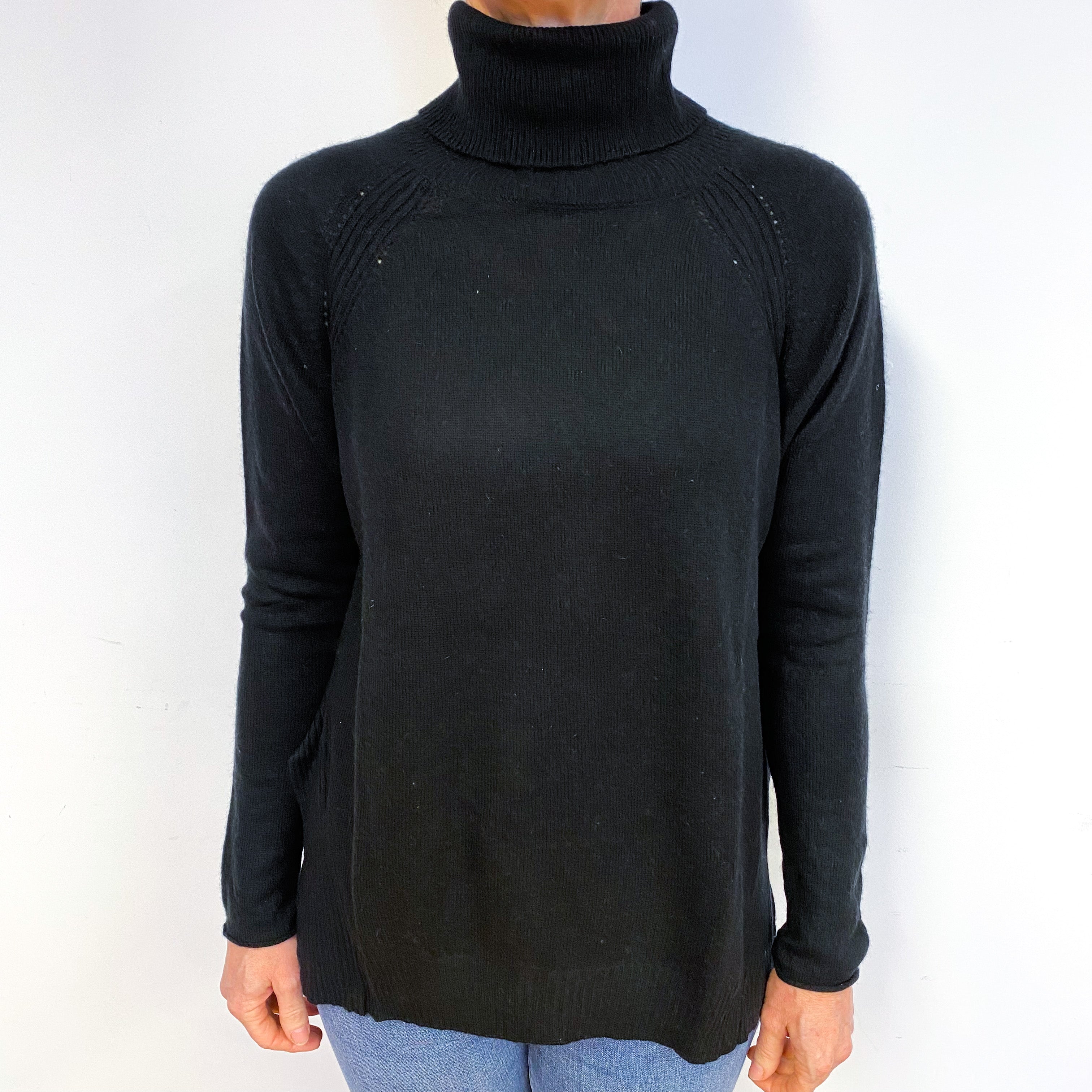 Black Ribbed Detail Cashmere Polo Neck Jumper Medium