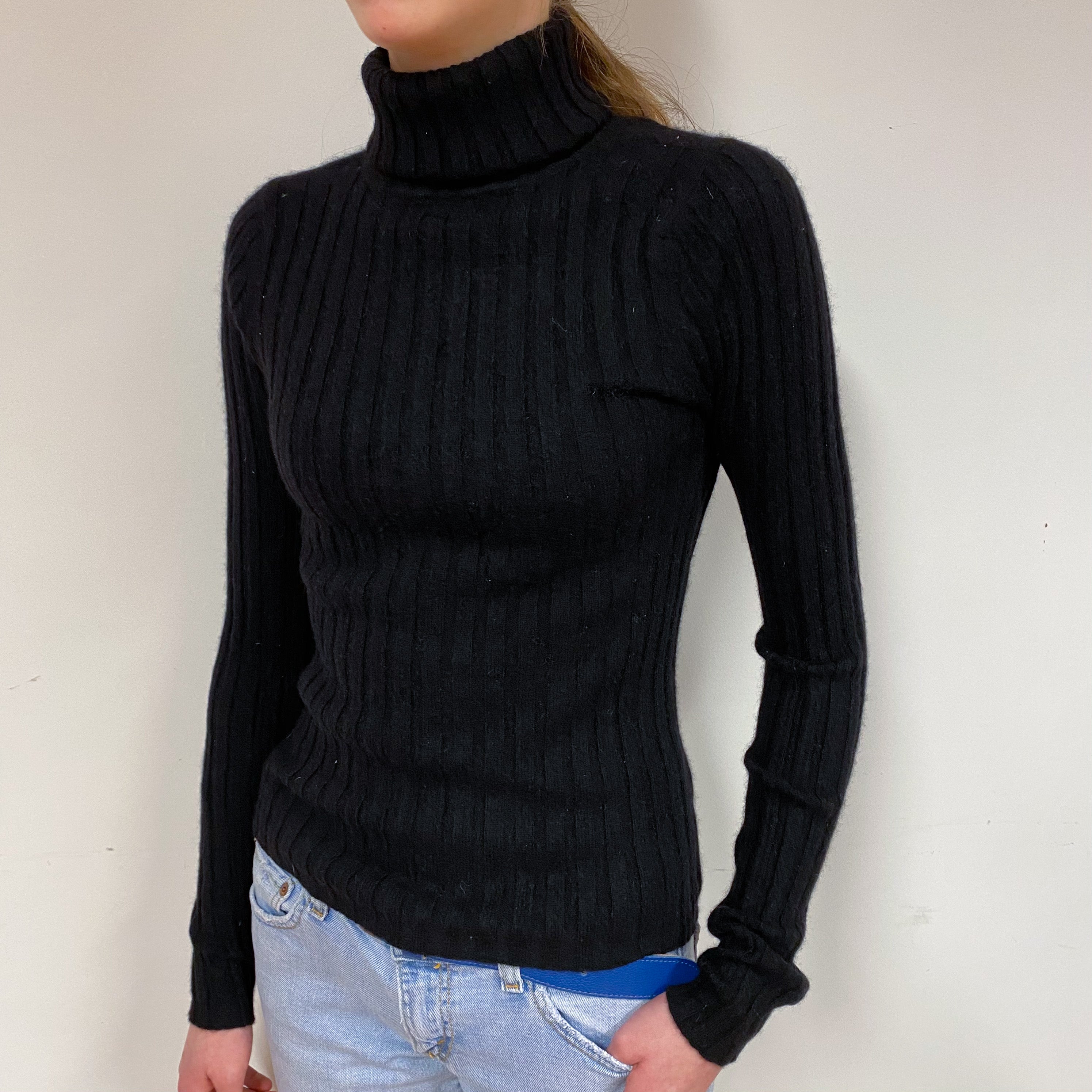 Black Skinny Ribbed Cashmere Polo Neck Jumper Extra Small