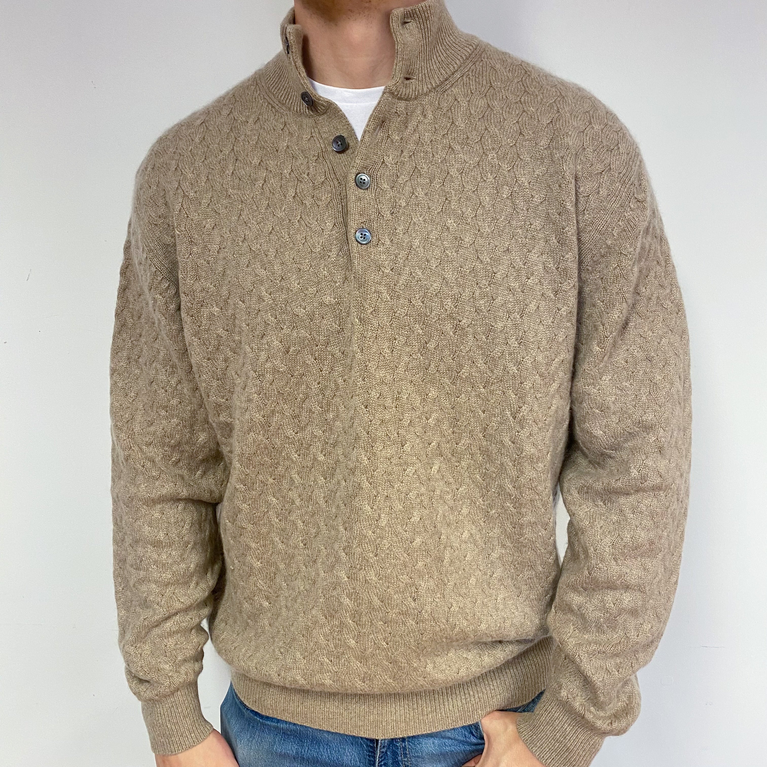 Men's Taupe Luxury Cable Cashmere Button Neck Jumper XL