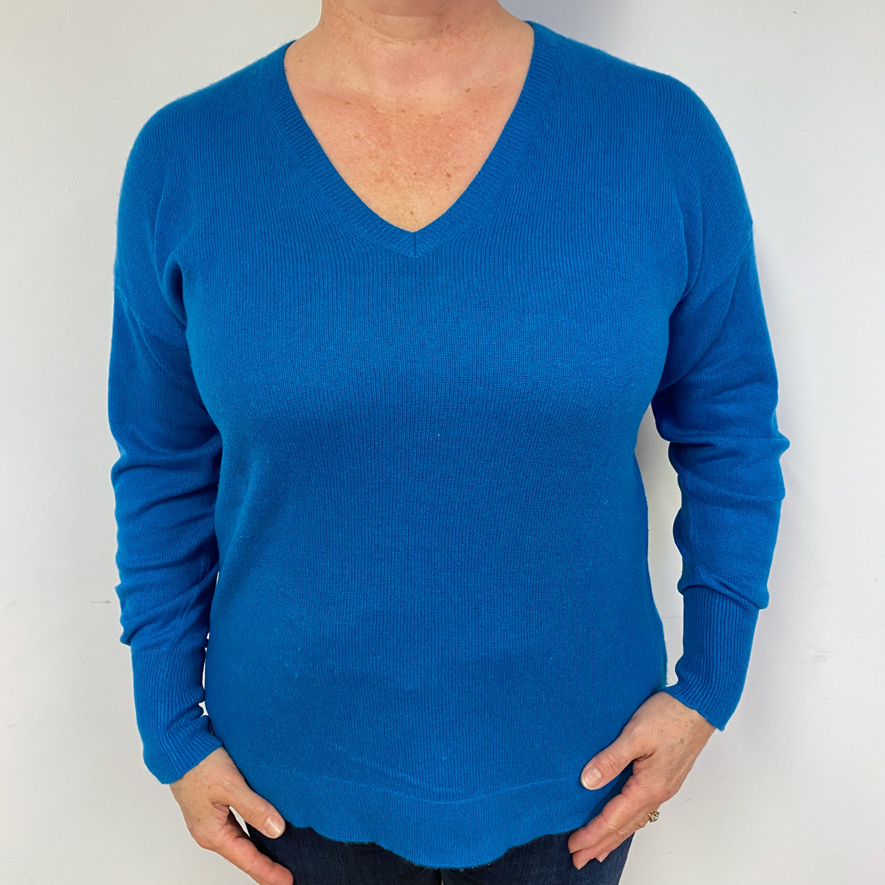 Peacock Blue Cashmere V-Neck Jumper Large.