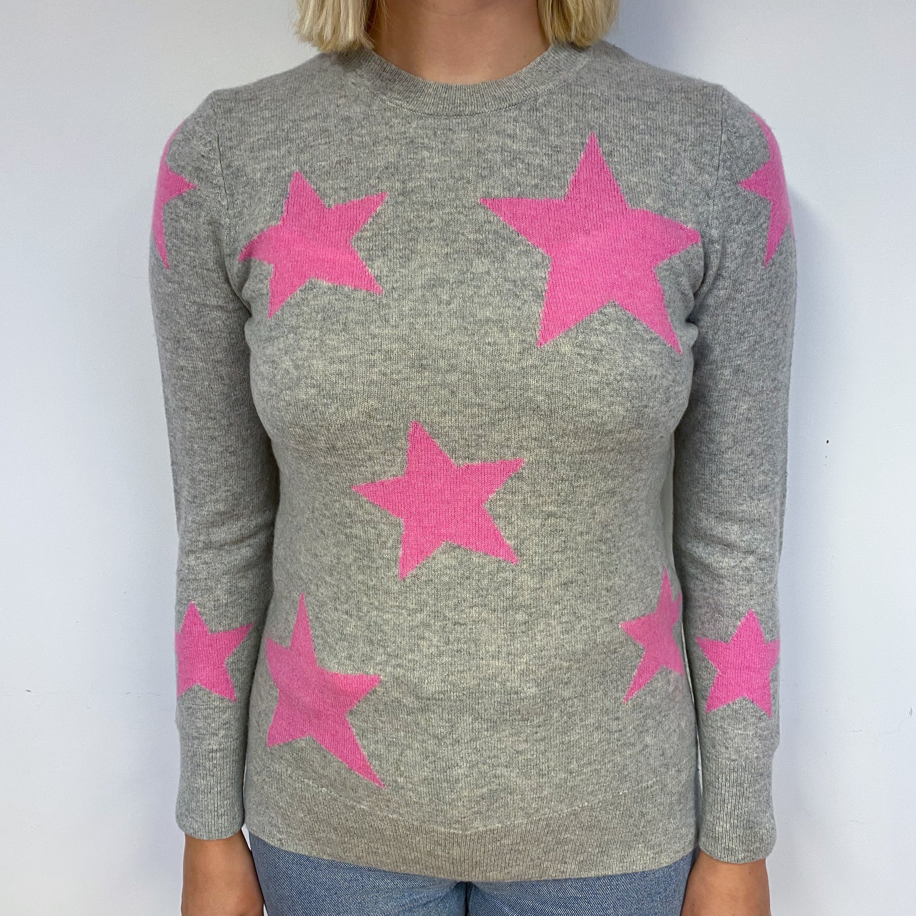 Grey Pink Star Cashmere Crew Neck Jumper Small
