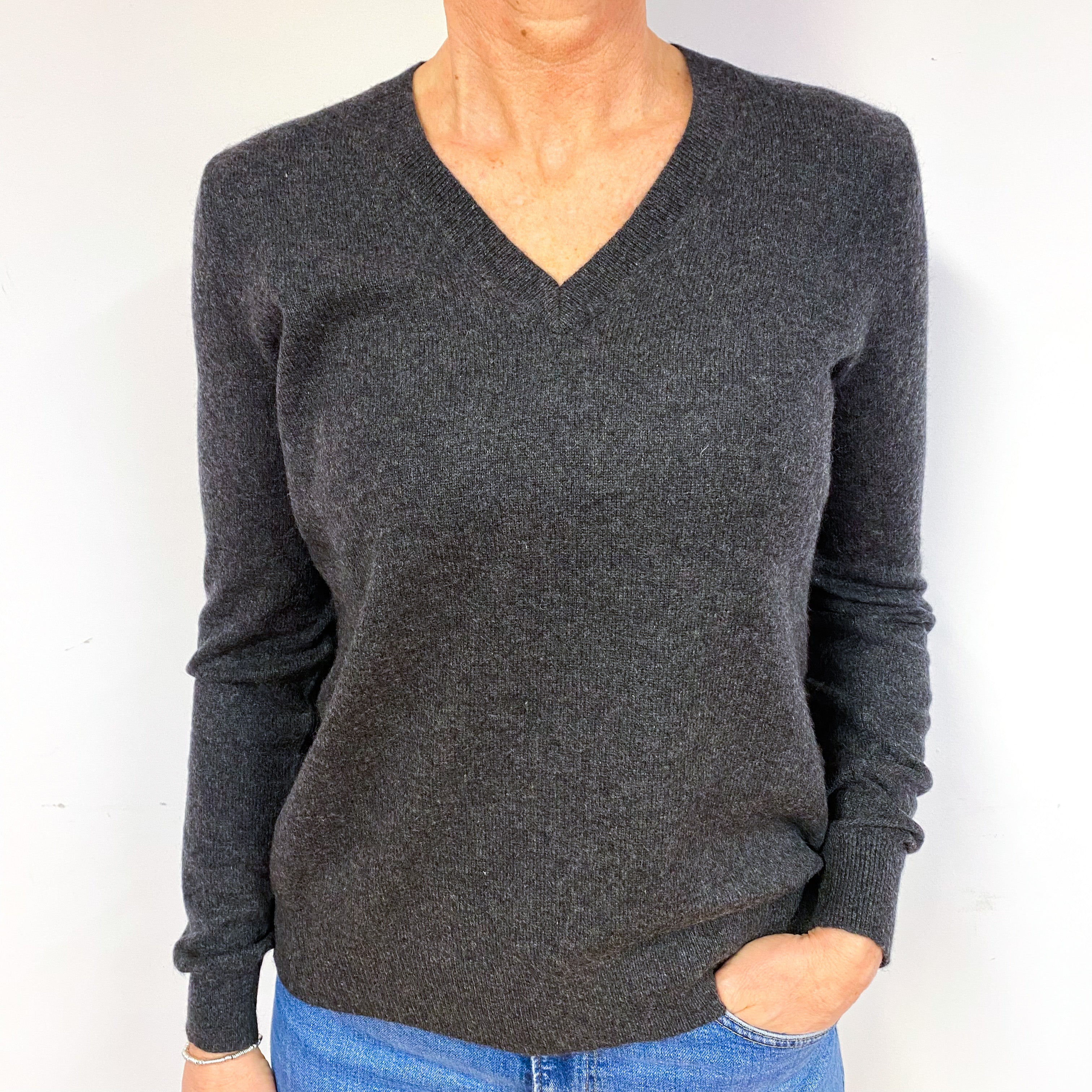Charcoal Grey Cashmere V-Neck Jumper Medium